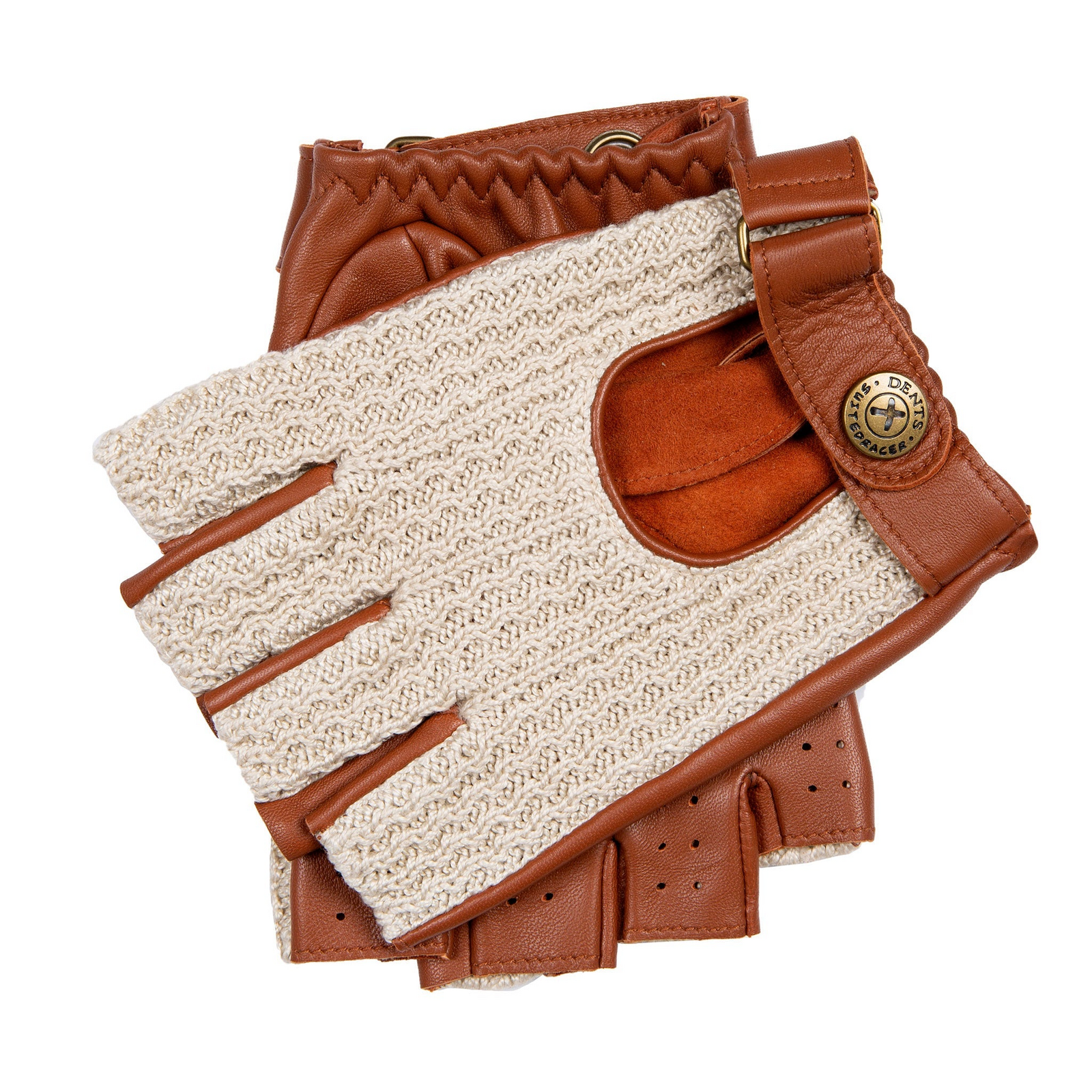 Dents Mens Suited Racer x Crochet Back Fingerless Driving Gloves - Tan