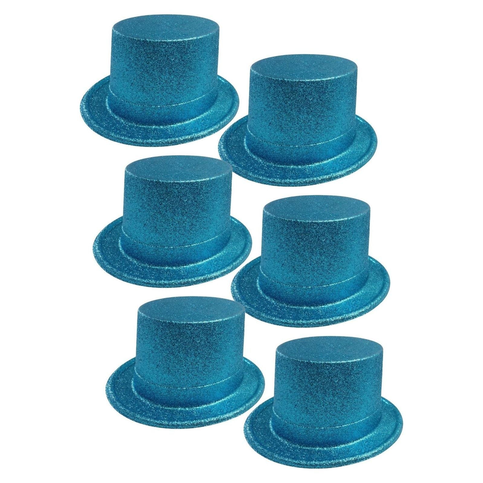 6x GLITTER TOP HAT Fancy Party Plastic Costume Tall Cap Fun Dress Up BULK - Sky Blue