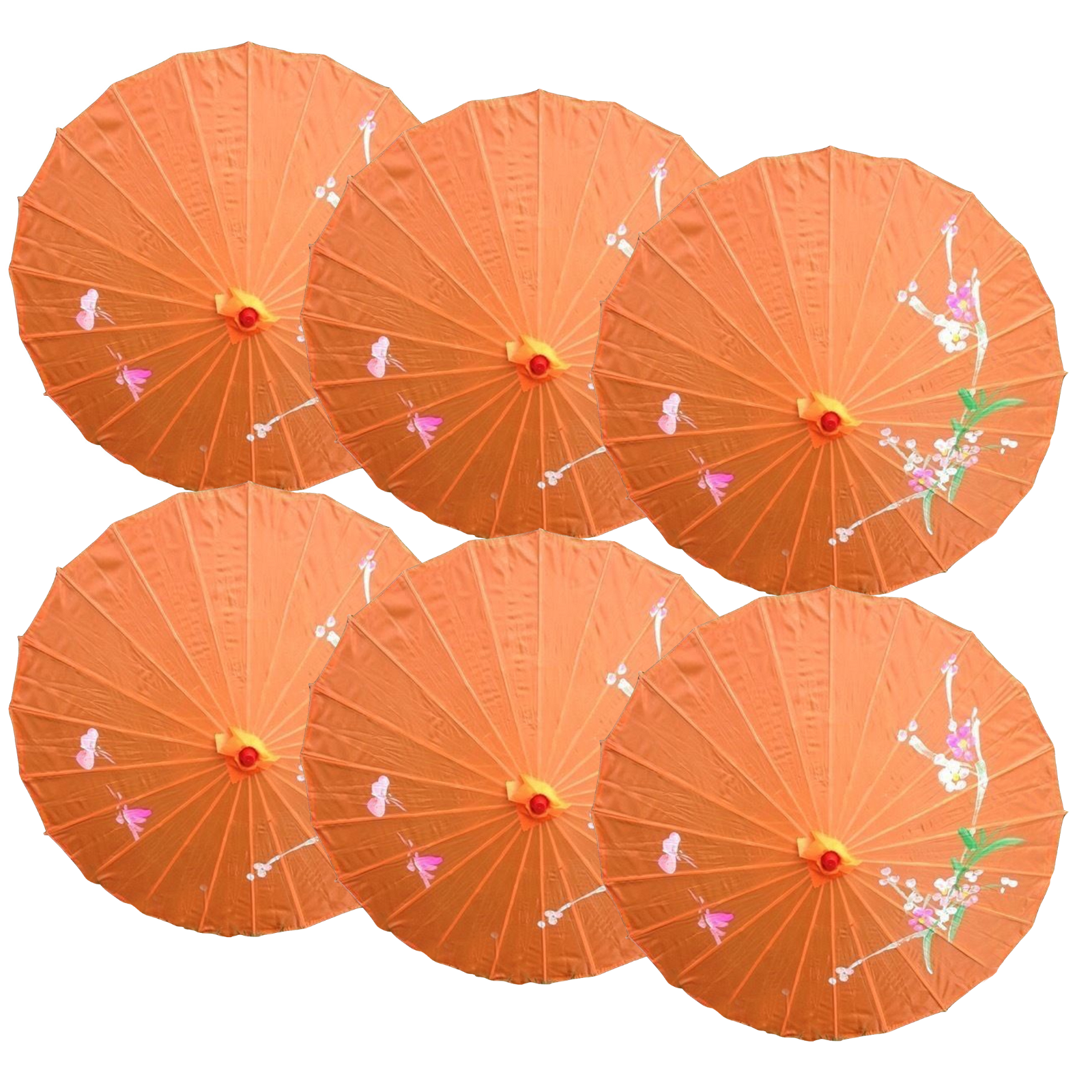 6x PARASOL UMBRELLA Chinese Japanese Bamboo Flower Pattern 80cm Large BULK - Orange