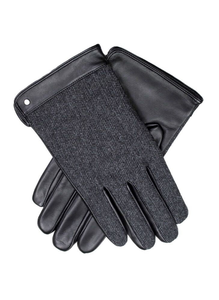 Dents Leather Wool Gloves Fleece Lined Warm Mens Winter Herringbone - Black