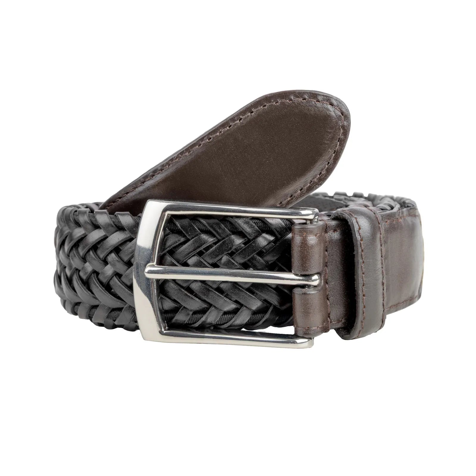 Dents Mens Stretch Plaited Leather Belt - Black/Brown
