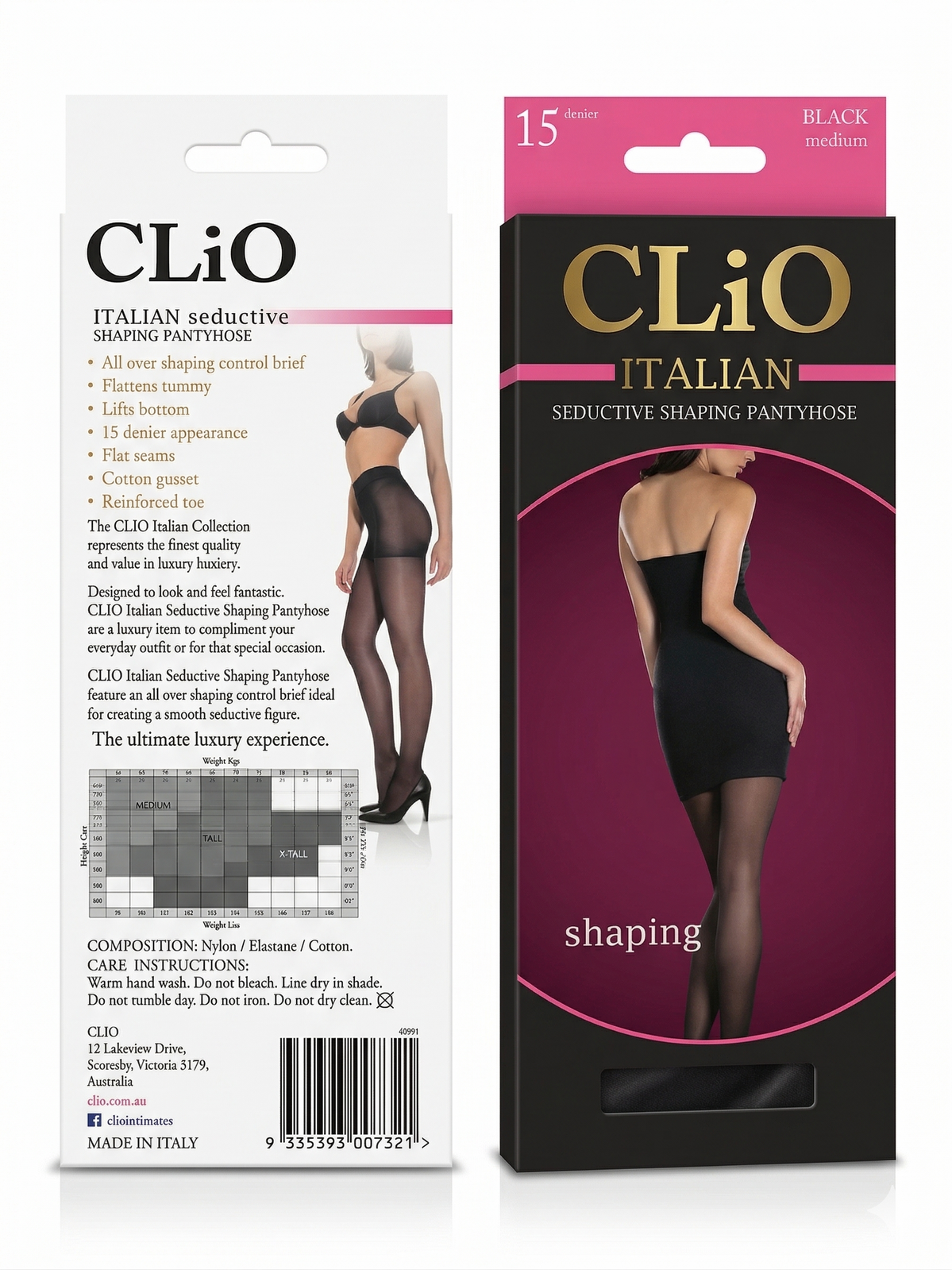 CliO Italian Seductive Shaping Pantyhose (15 Denier) in Black Size Medium (Made in Italy)