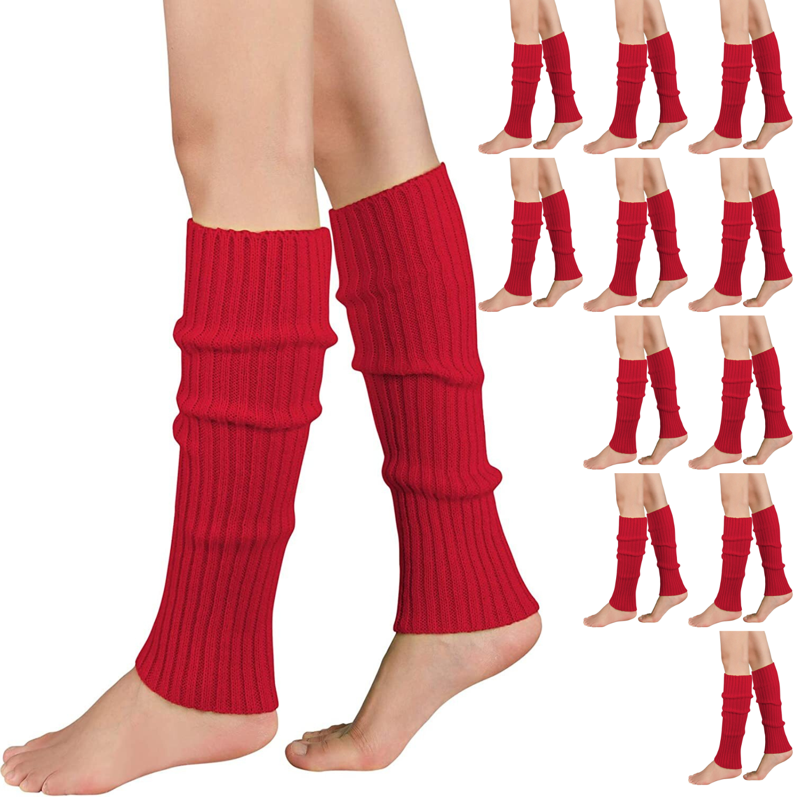 12x LEG WARMERS Knitted Womens Costume Neon Dance Party Knit 80s BULK - Red