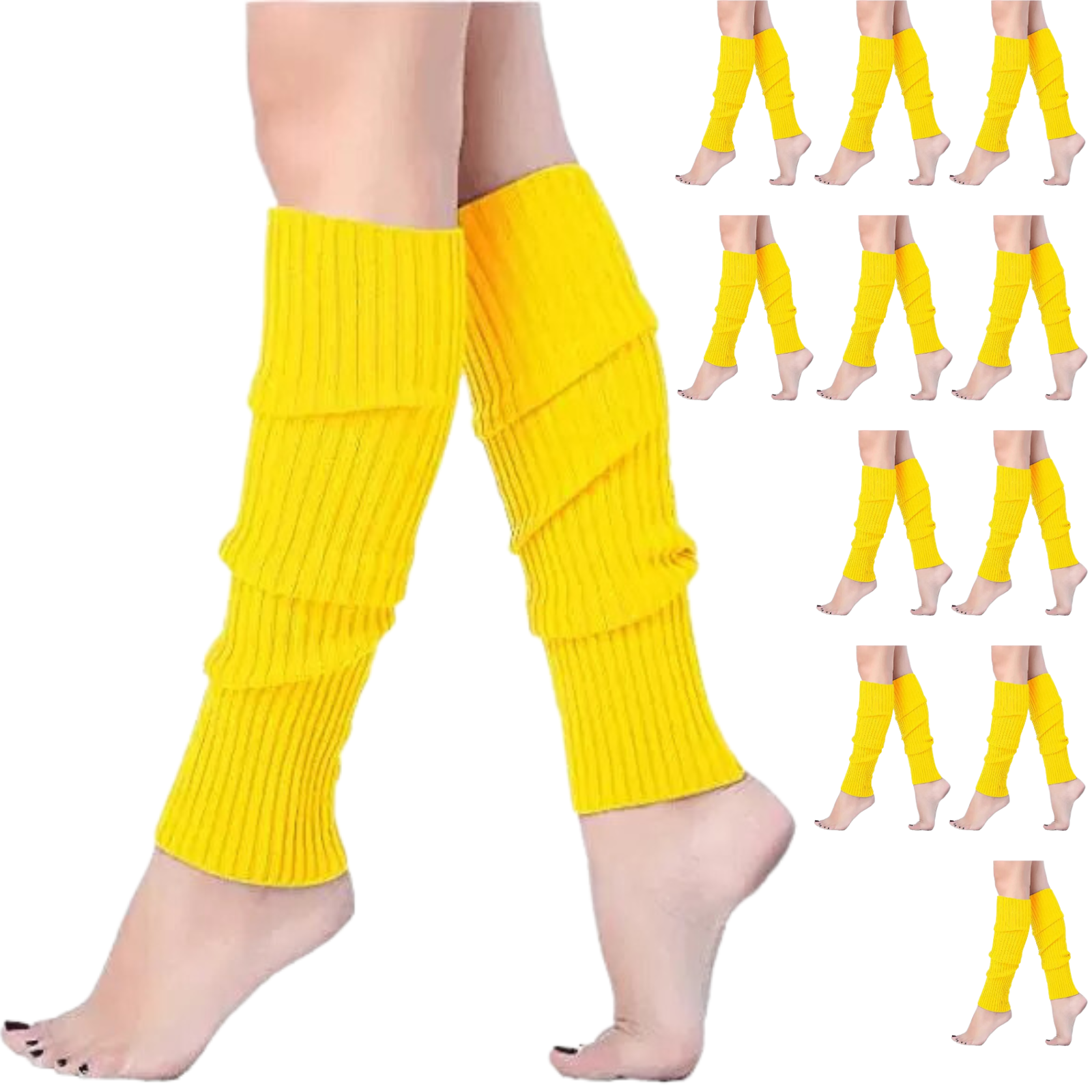12x LEG WARMERS Knitted Womens Costume Neon Dance Party Knit 80s BULK - Yellow