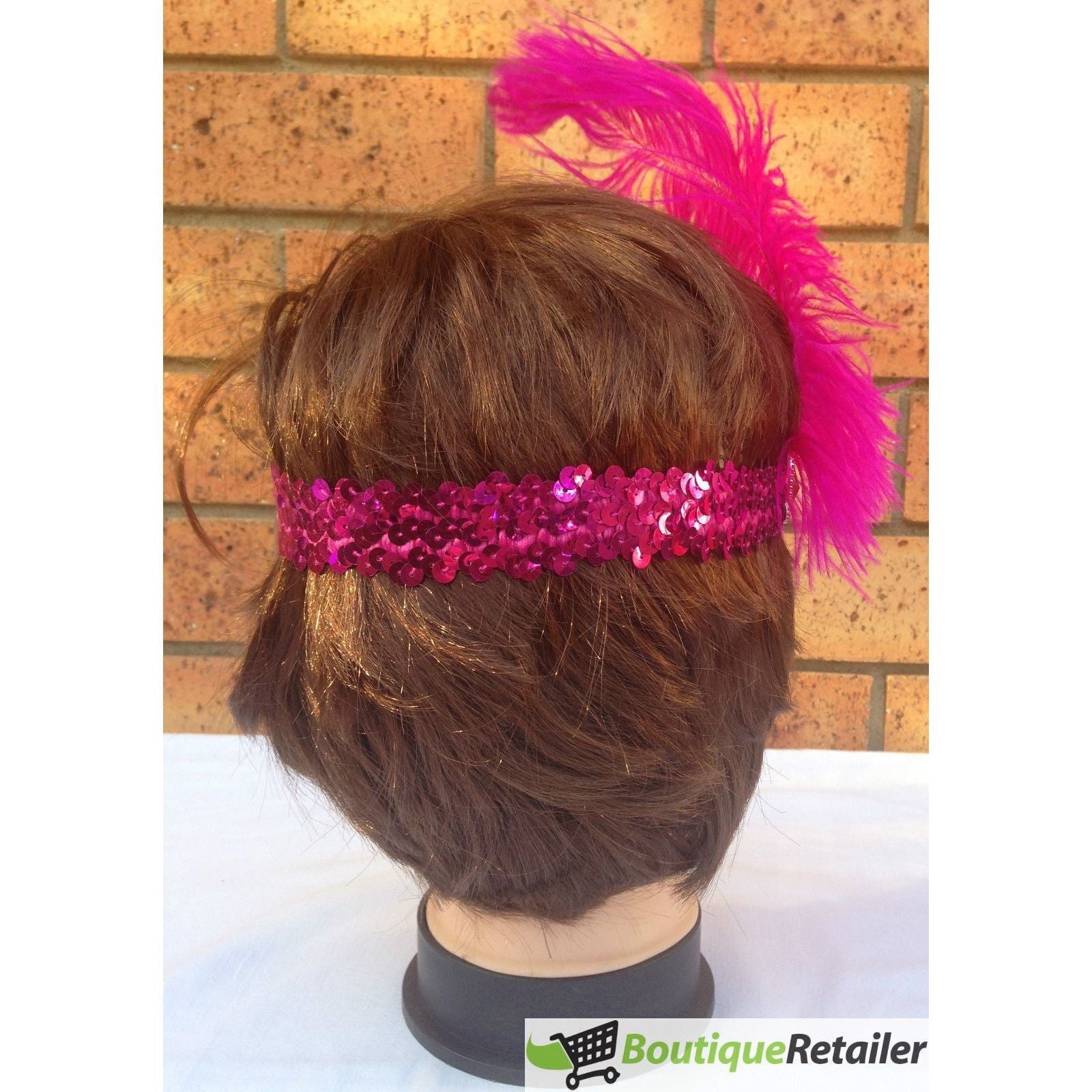3x 1920s FLAPPER HEADBAND Headpiece Feather Sequin Charleston Costume Gatsby - Hot Pink