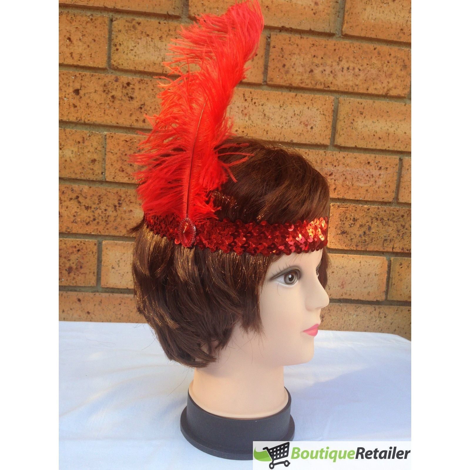 3x 1920s FLAPPER HEADBAND Headpiece Feather Sequin Charleston Costume Gatsby - Red