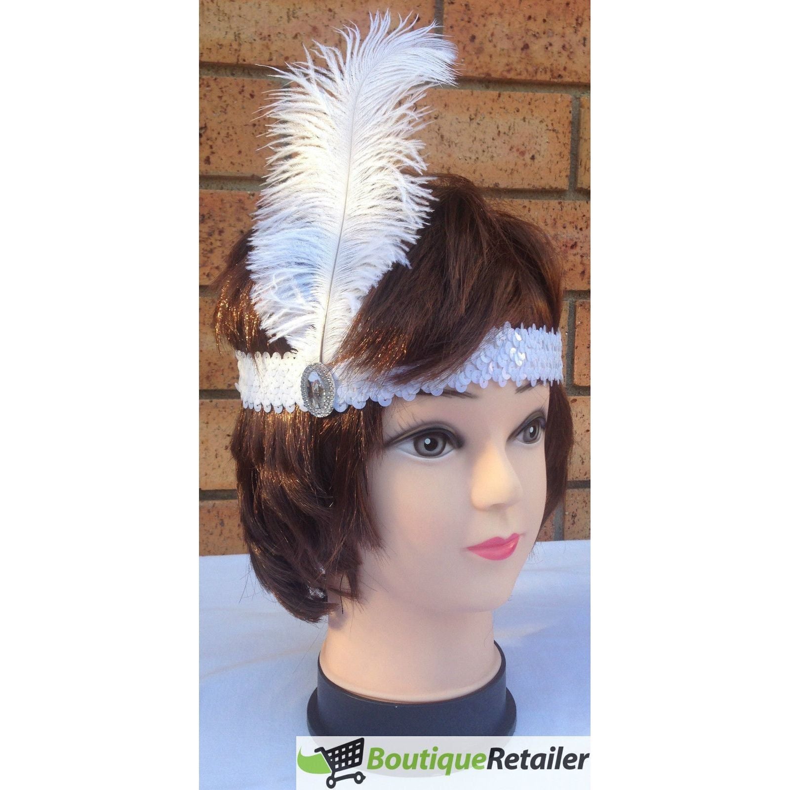 3x 1920s FLAPPER HEADBAND Headpiece Feather Sequin Charleston Costume Gatsby - White