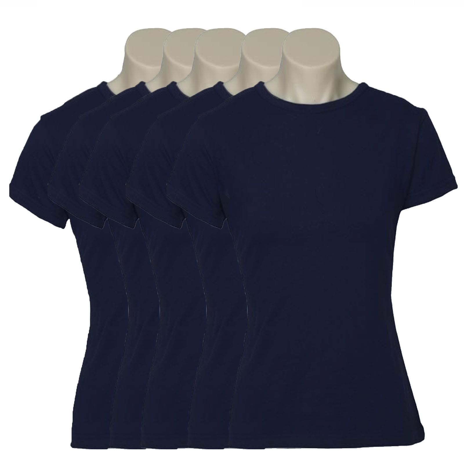 5x Womens 100% Cotton T-Shirt Plain Basic Tee Casual Top in Navy Blue