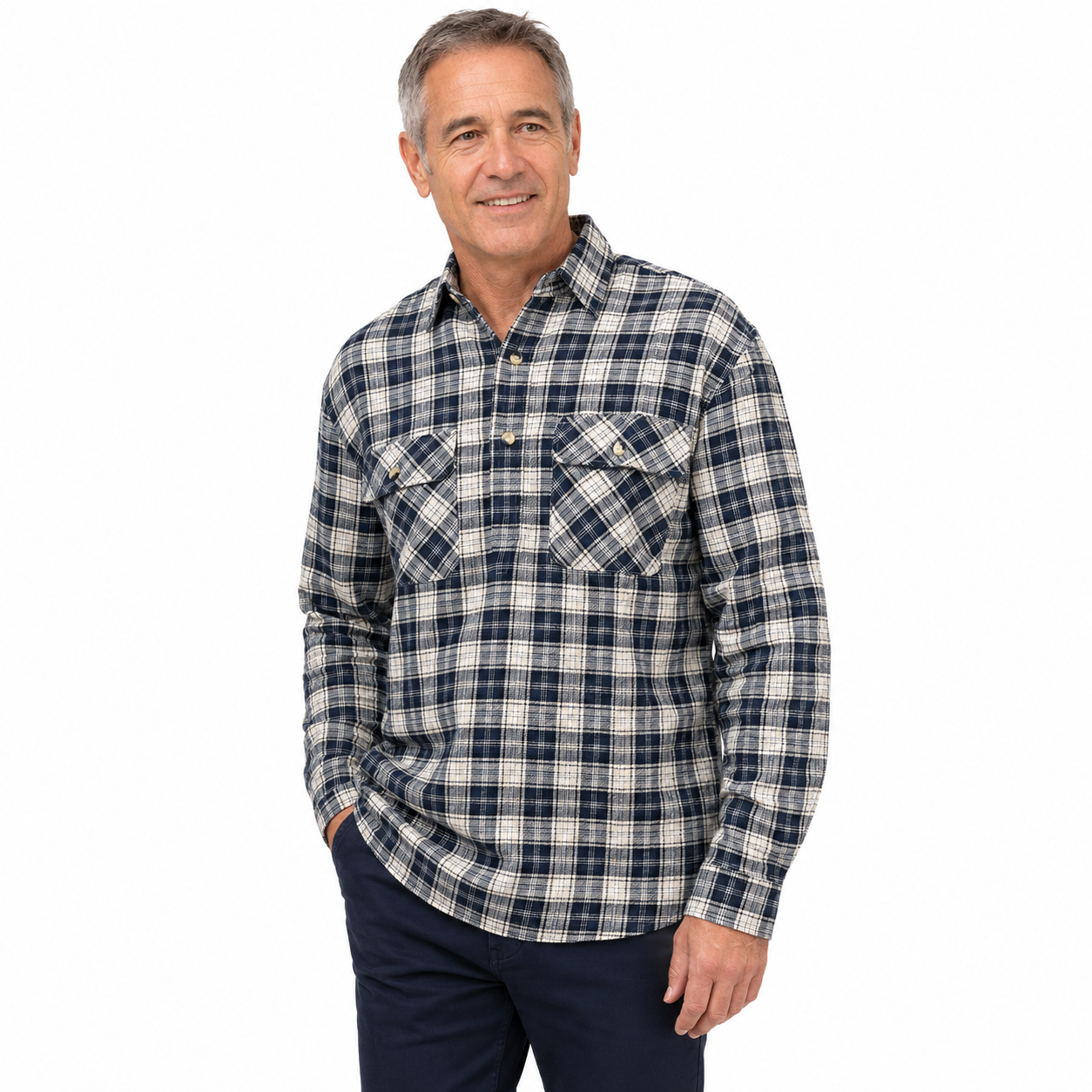 Mens Flannelette Long Sleeve Pullover Shirt 100% Cotton Flannel - Half Placket - Navy/Beige Check