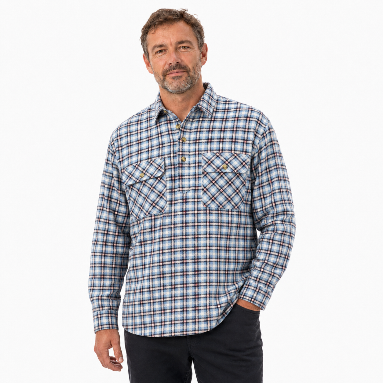 Mens Flannelette Long Sleeve Pullover Shirt 100% Cotton Flannel - Half Placket - Blue Check
