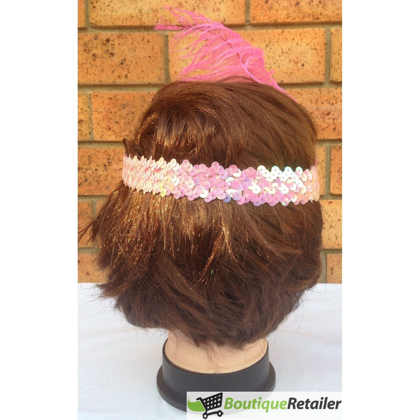 1920s FLAPPER HEADBAND Headpiece Feather Sequin Charleston Costume Gatsby Dance - Light Pink
