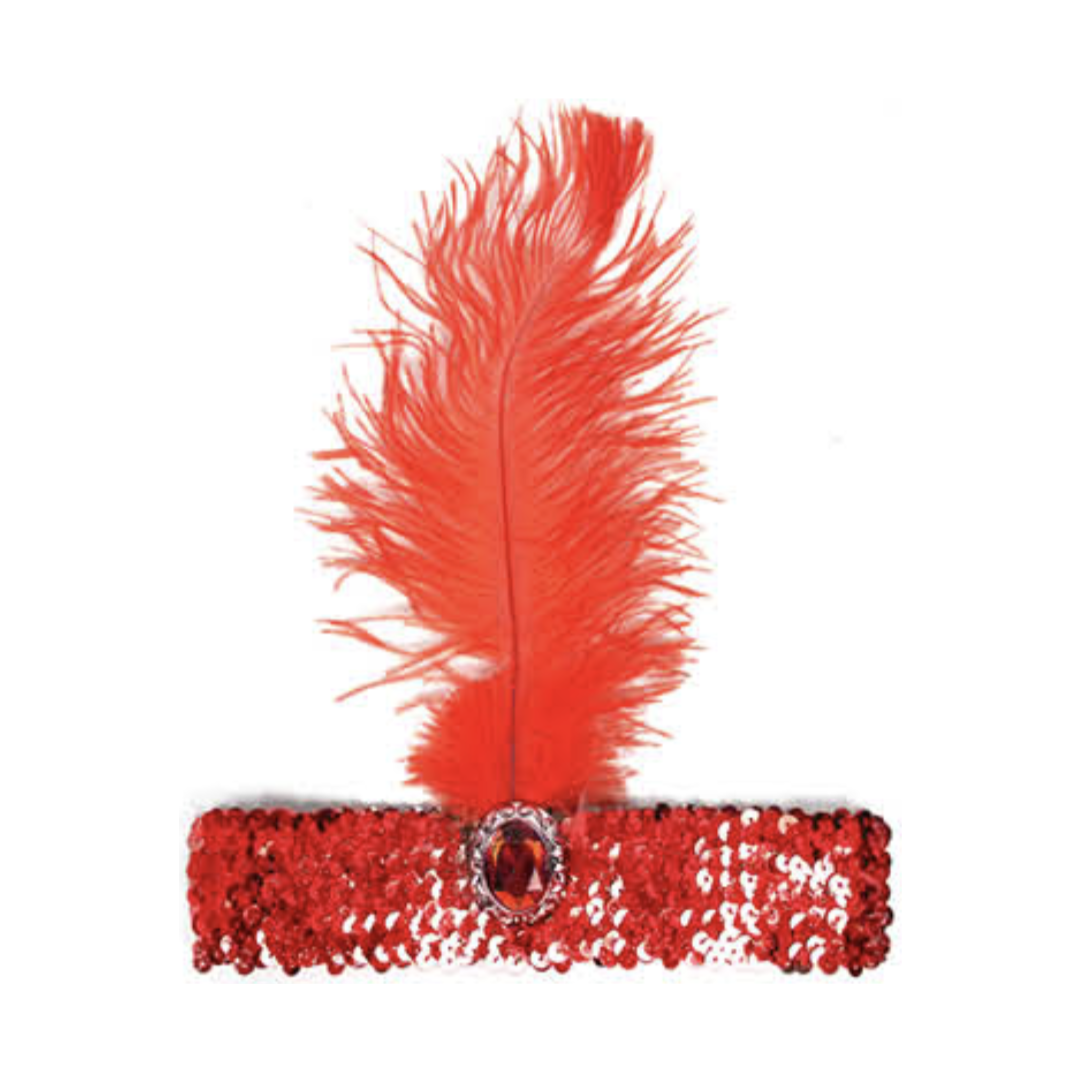 1920s FLAPPER HEADBAND Headpiece Feather Sequin Charleston Costume Gatsby Dance - Red