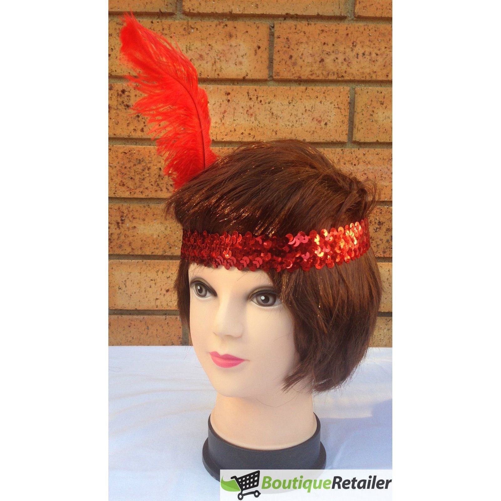 1920s FLAPPER HEADBAND Headpiece Feather Sequin Charleston Costume Gatsby Dance - Red