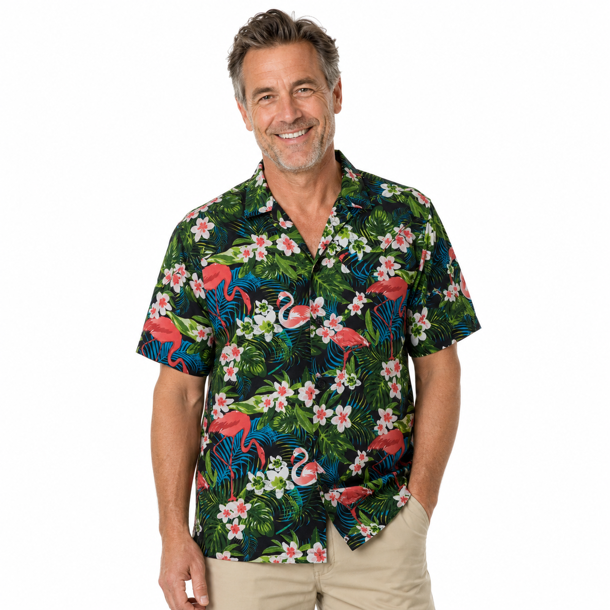 Mens Oahu Hawaiian Party Shirt Button Hippie Tops Short Sleeve Beach Holiday - Garden Flamingo