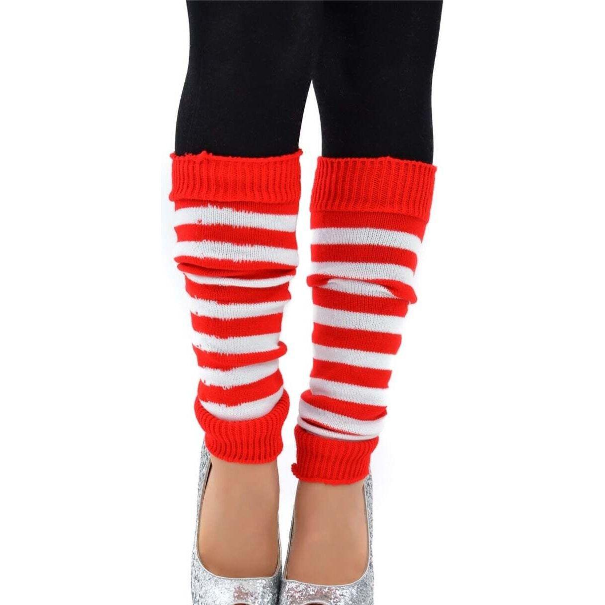 Pair of Womens Leg Warmers Disco Winter Knit Dance Party Crochet Legging Socks Costume - Red/White Stripe