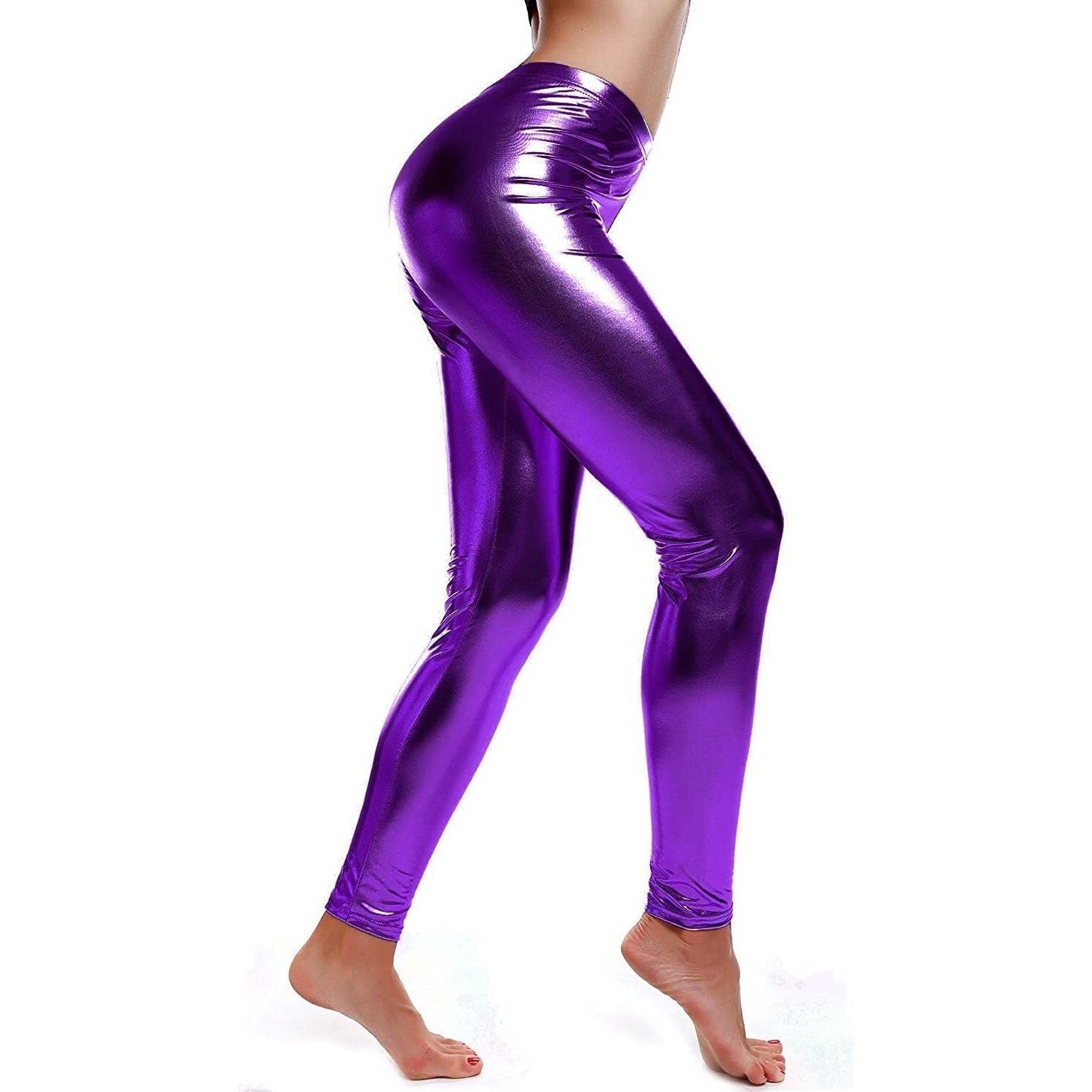 Metallic Leggings Stretchy Pants Neon Fluro Shiny Glossy Dress Up Dance Party - Purple