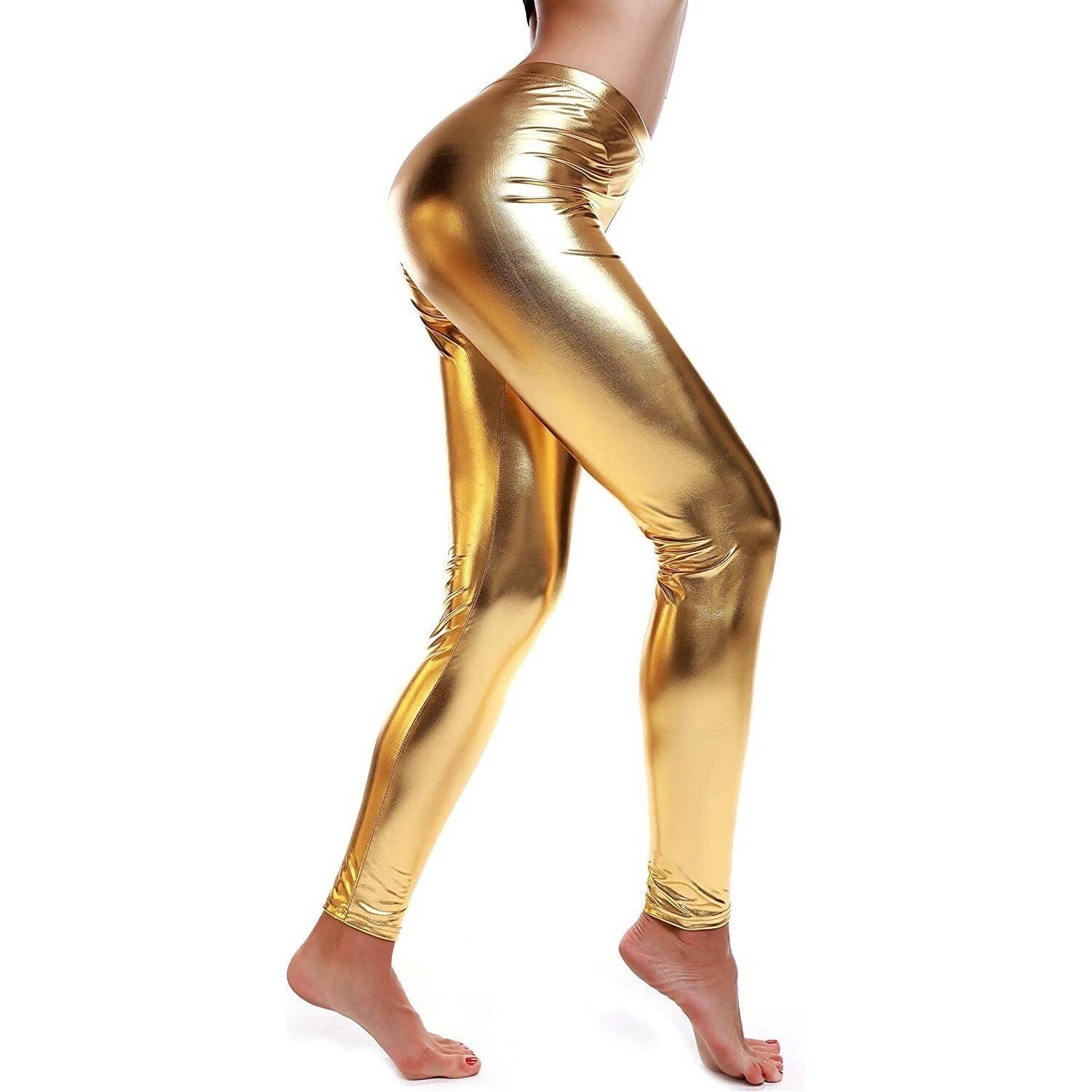 DELUXE METALLIC LEGGINGS Shiny Neon Stretch Dance Costume Fancy Dress Party - Gold/Yellow