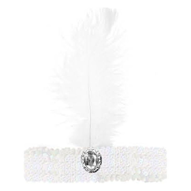 WIDE FLAPPER HEADBAND Feather Sequin Costume Gatsby Charleston Headpiece 1920s - White