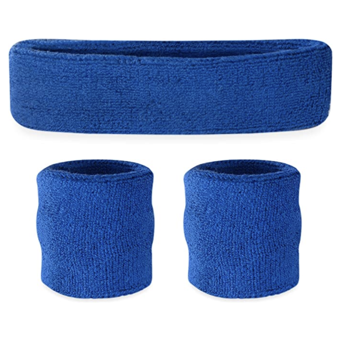 WRISTBAND & HEADBAND SET Tennis Terry Towelling Cotton Sweat Band Team Gym - Blue