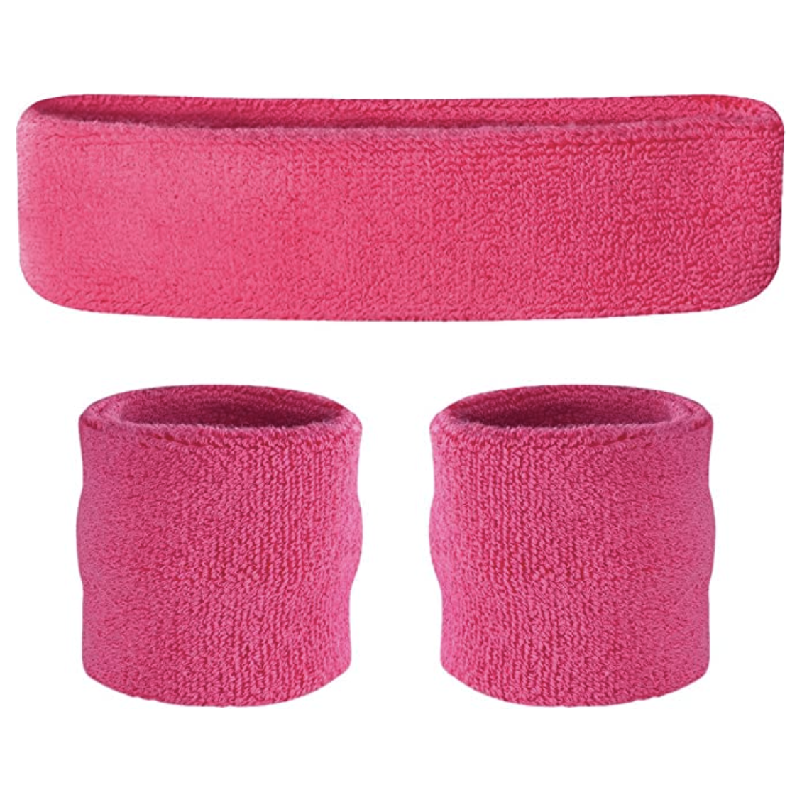WRISTBAND & HEADBAND SET Tennis Terry Towelling Cotton Sweat Band Team Gym - Hot Pink
