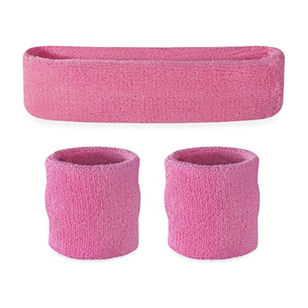 WRISTBAND & HEADBAND SET Tennis Terry Towelling Cotton Sweat Band Team Gym - Light Pink