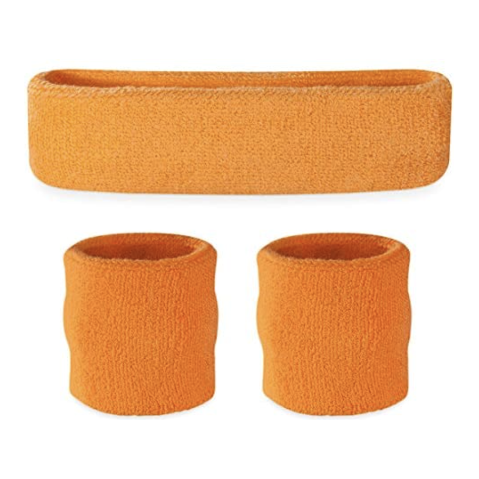 WRISTBAND & HEADBAND SET Tennis Terry Towelling Cotton Sweat Band Team Gym - Orange