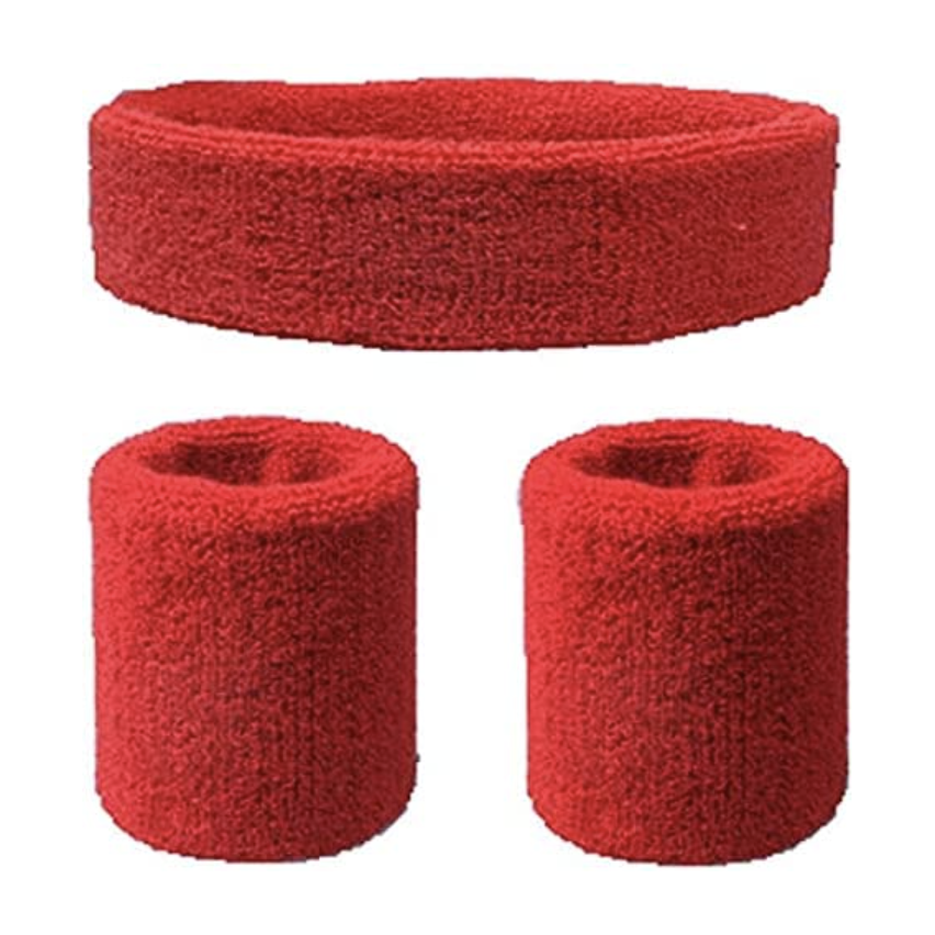 WRISTBAND & HEADBAND SET Tennis Terry Towelling Cotton Sweat Band Team Gym - Red