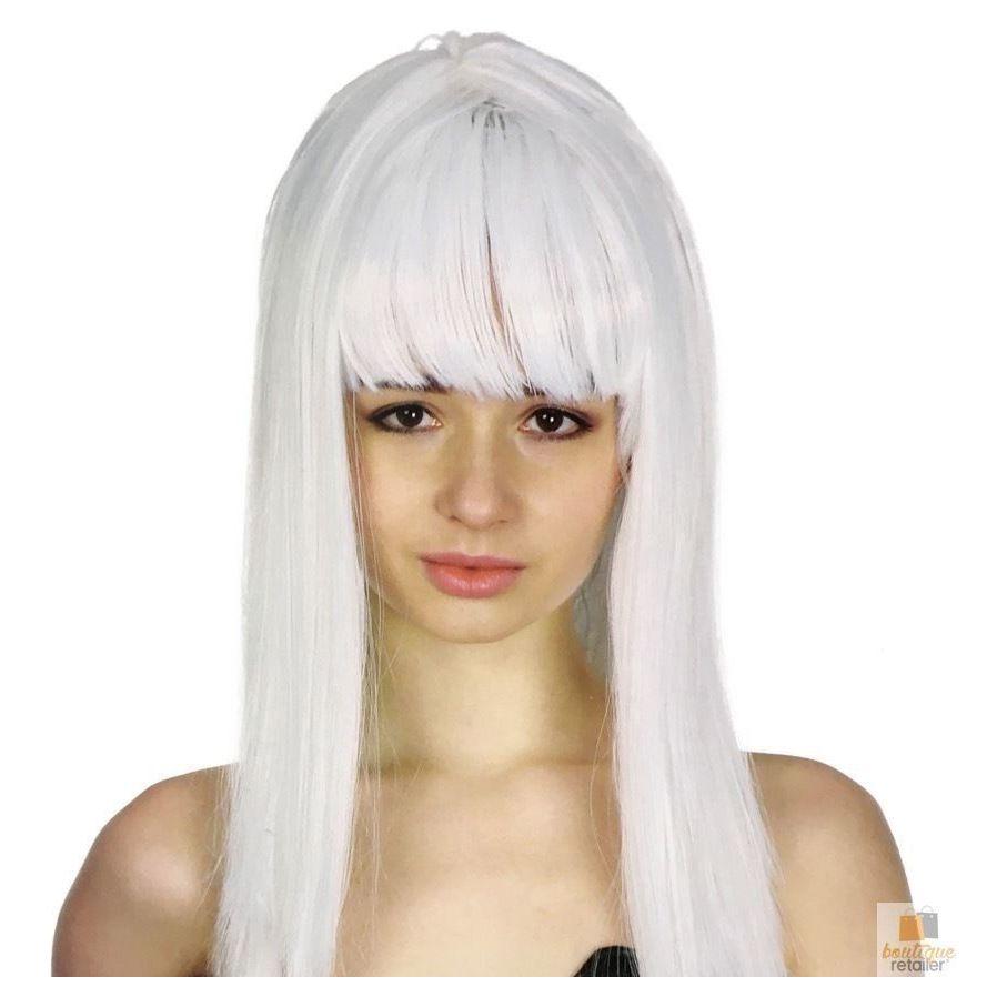 LONG WIG Straight Party Hair Costume Fringe Cosplay Fancy Dress 70cm Womens - White (22451)