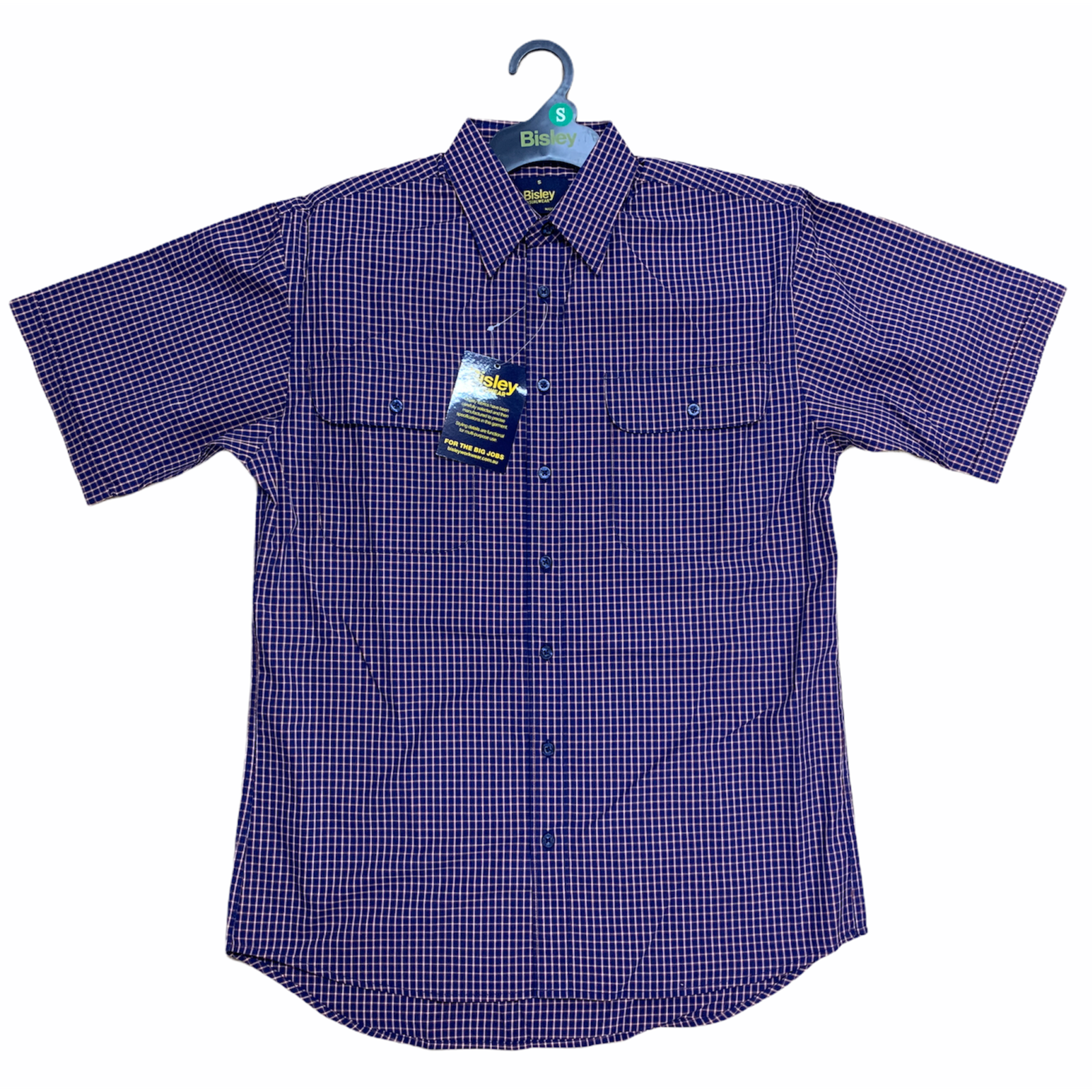 Bisley Mens Short Sleeve Check Shirt Checkered Cotton Blend Casual Business Work - Navy - S