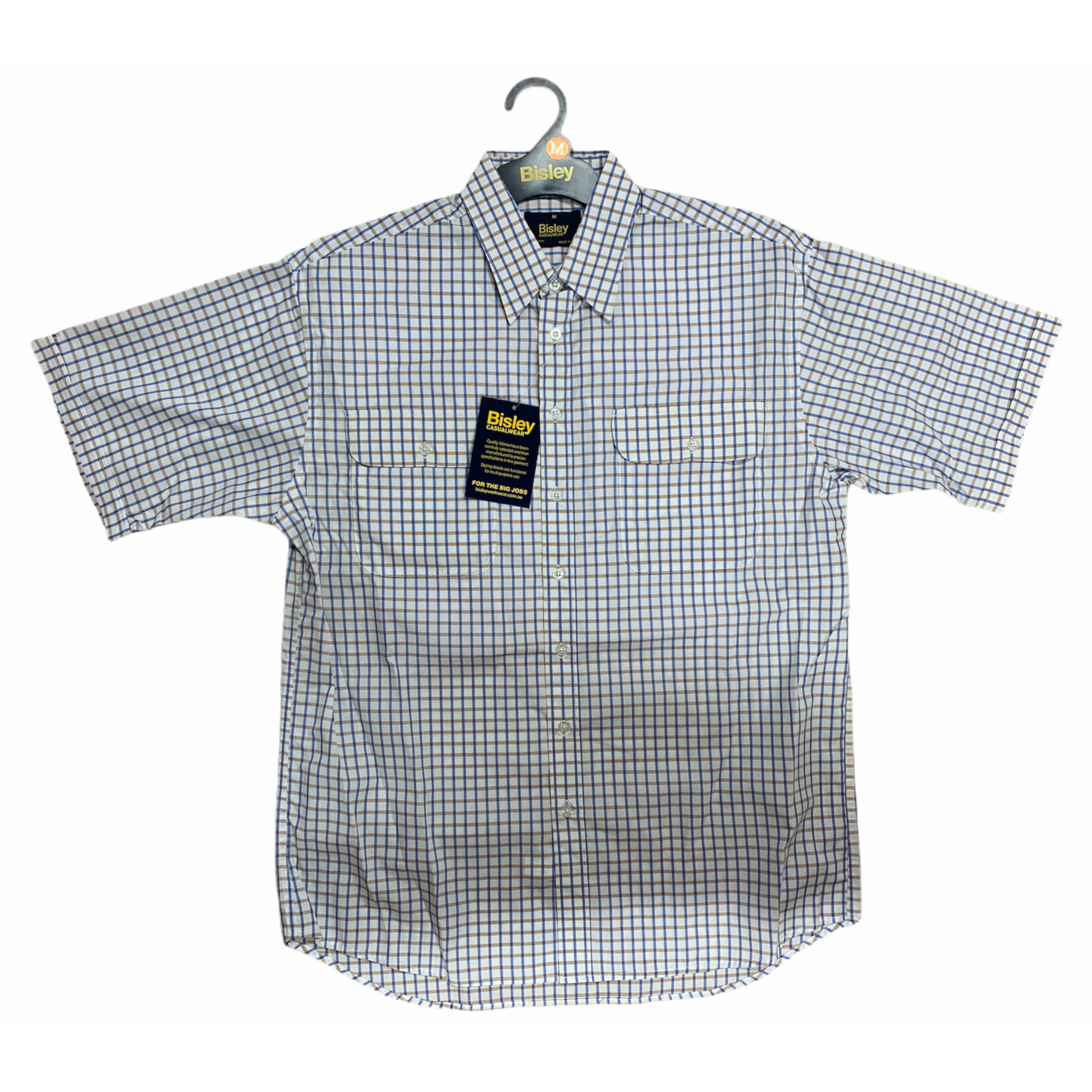 Bisley Mens Short Sleeve Check Shirt Checkered Cotton Blend Casual Business Work - Beige - M