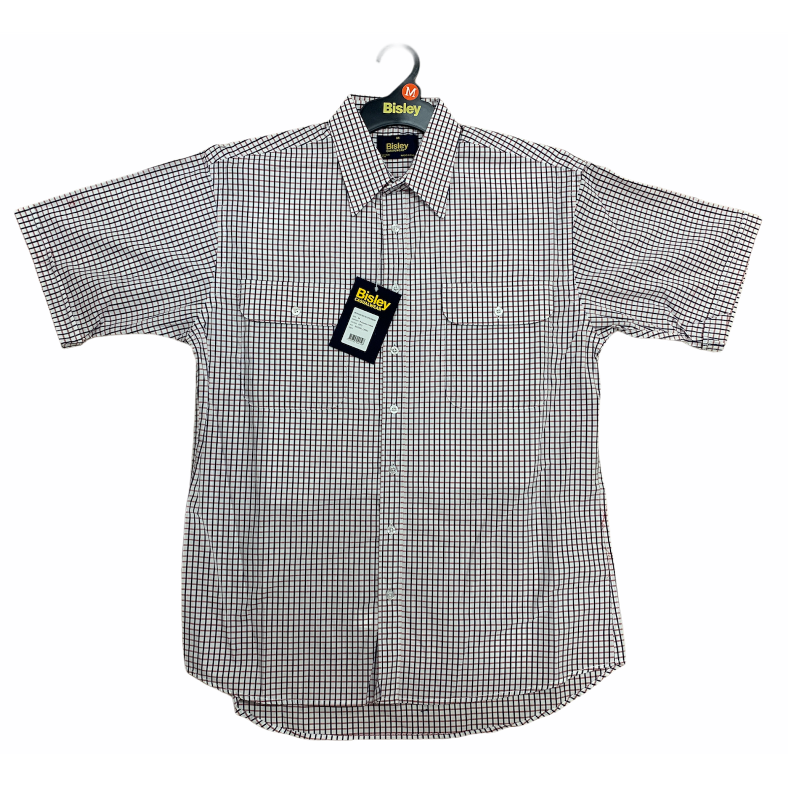 Bisley Mens Short Sleeve Check Shirt Checkered Cotton Blend Casual Business Work - Burgundy - M