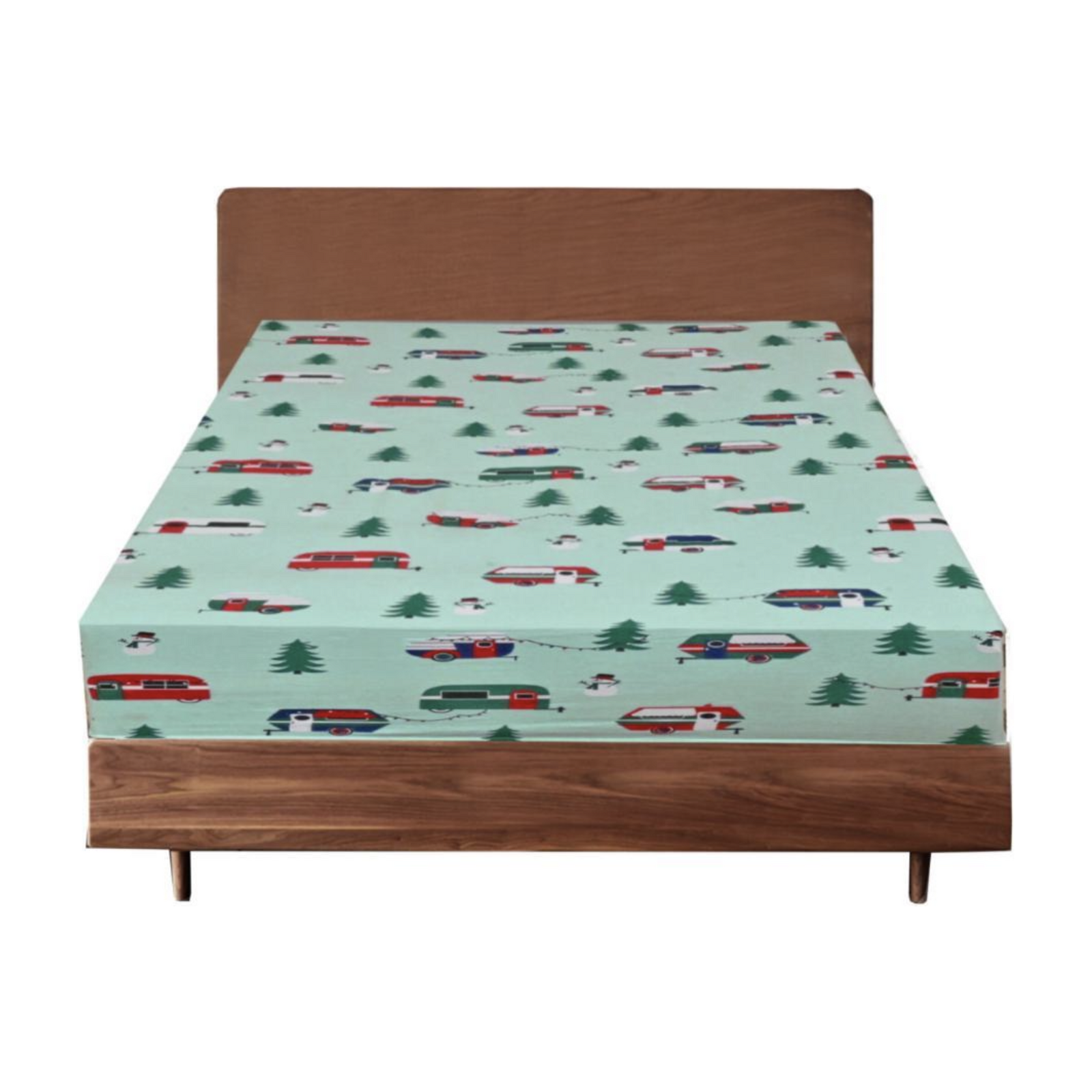 Queen Luxury 100% Cotton Flannelette Fitted Bed Sheet Flannel - Trees/Caravan