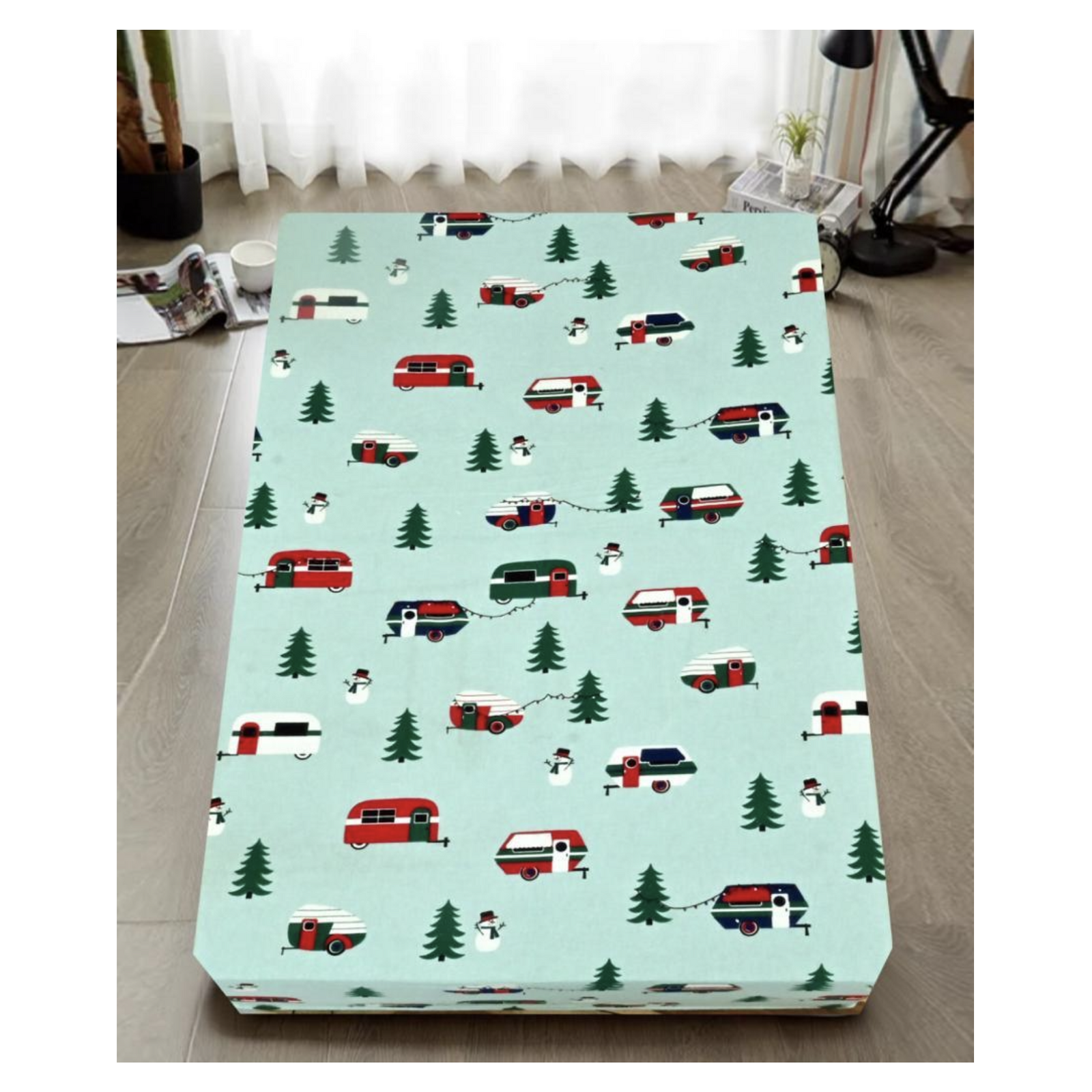 Queen Luxury 100% Cotton Flannelette Fitted Bed Sheet Flannel - Trees/Caravan