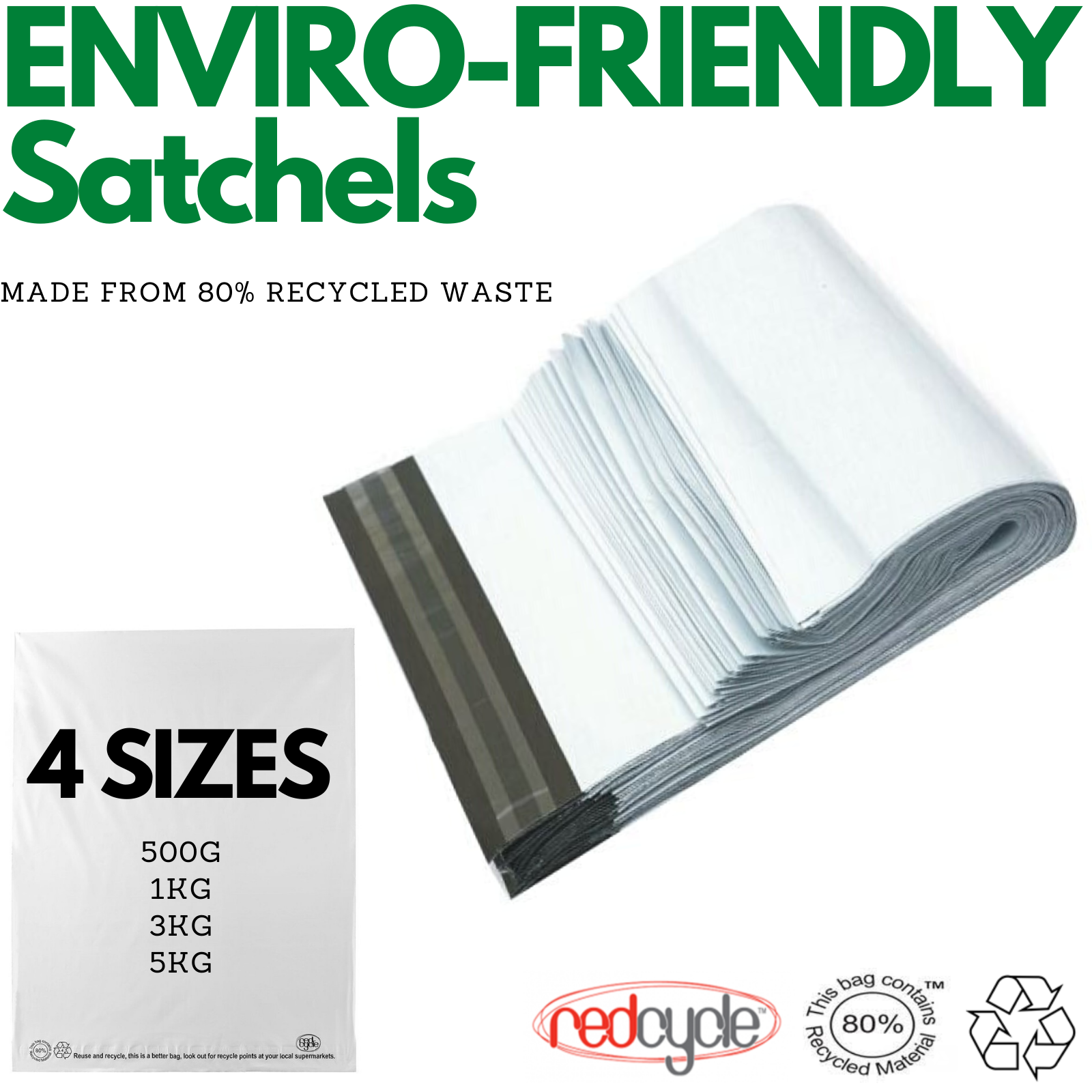 Enviro Recycled Courier Satchels Poly Mailer Bag Accredited Self Sealing Shipping - 5kg (510x435x50mm)
