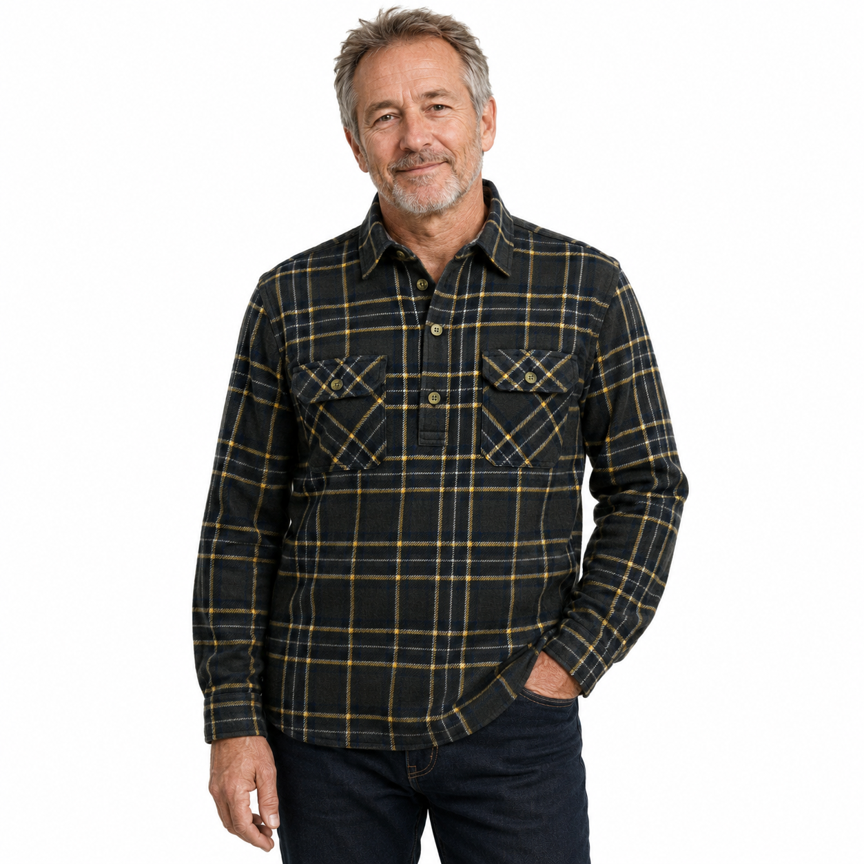 Mens Button Up FLANNELETTE SHIRT Check 100% COTTON Flannel Vintage - Charcoal 29 (Half Placket)