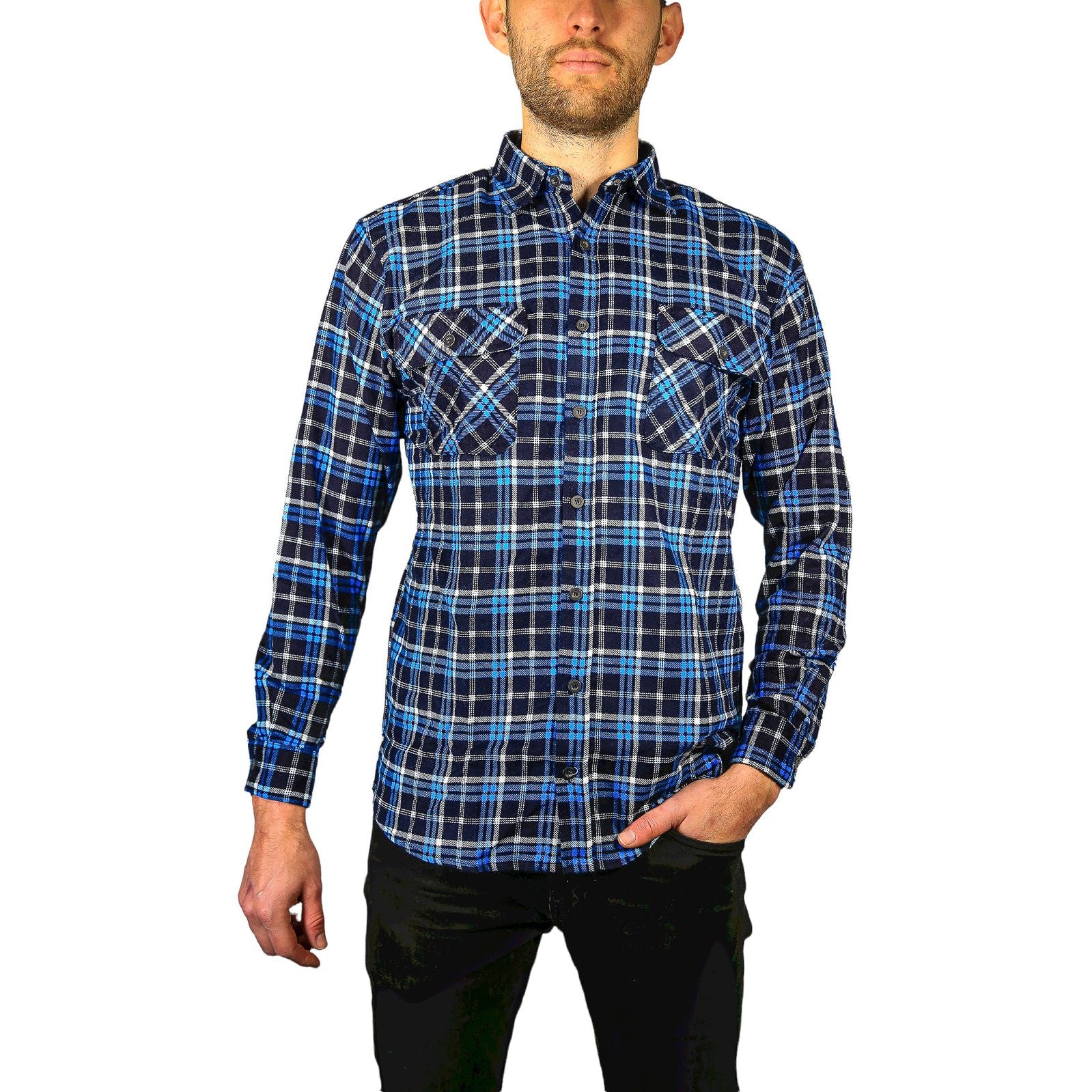 Mens Flannelette Long Sleeve Shirt 100% Cotton Check Authentic Flannel - Full Placket - Turquoise/Black - L