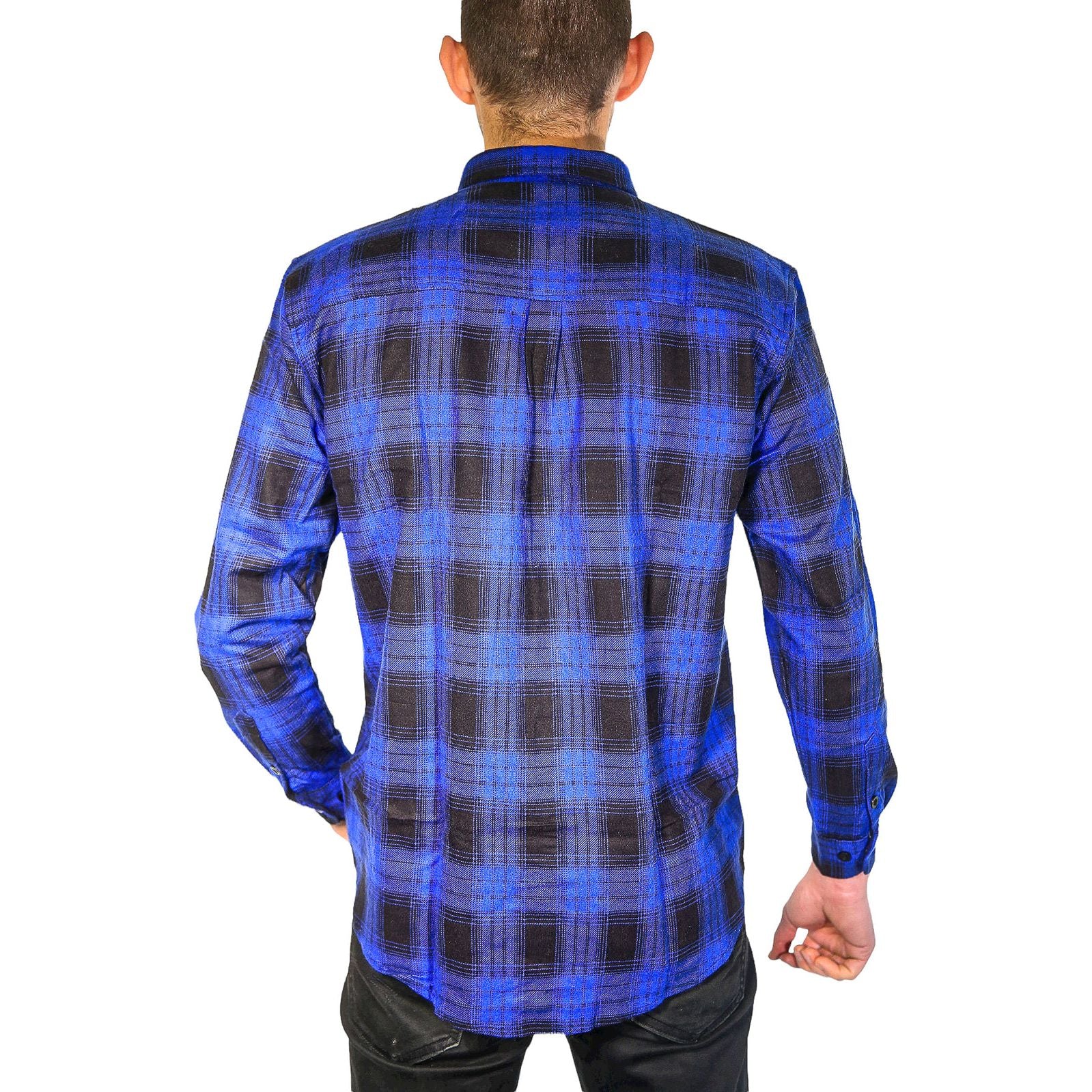 Mens Flannelette Long Sleeve Shirt 100% Cotton Check Authentic Flannel - Full Placket - Royal Blue - XL