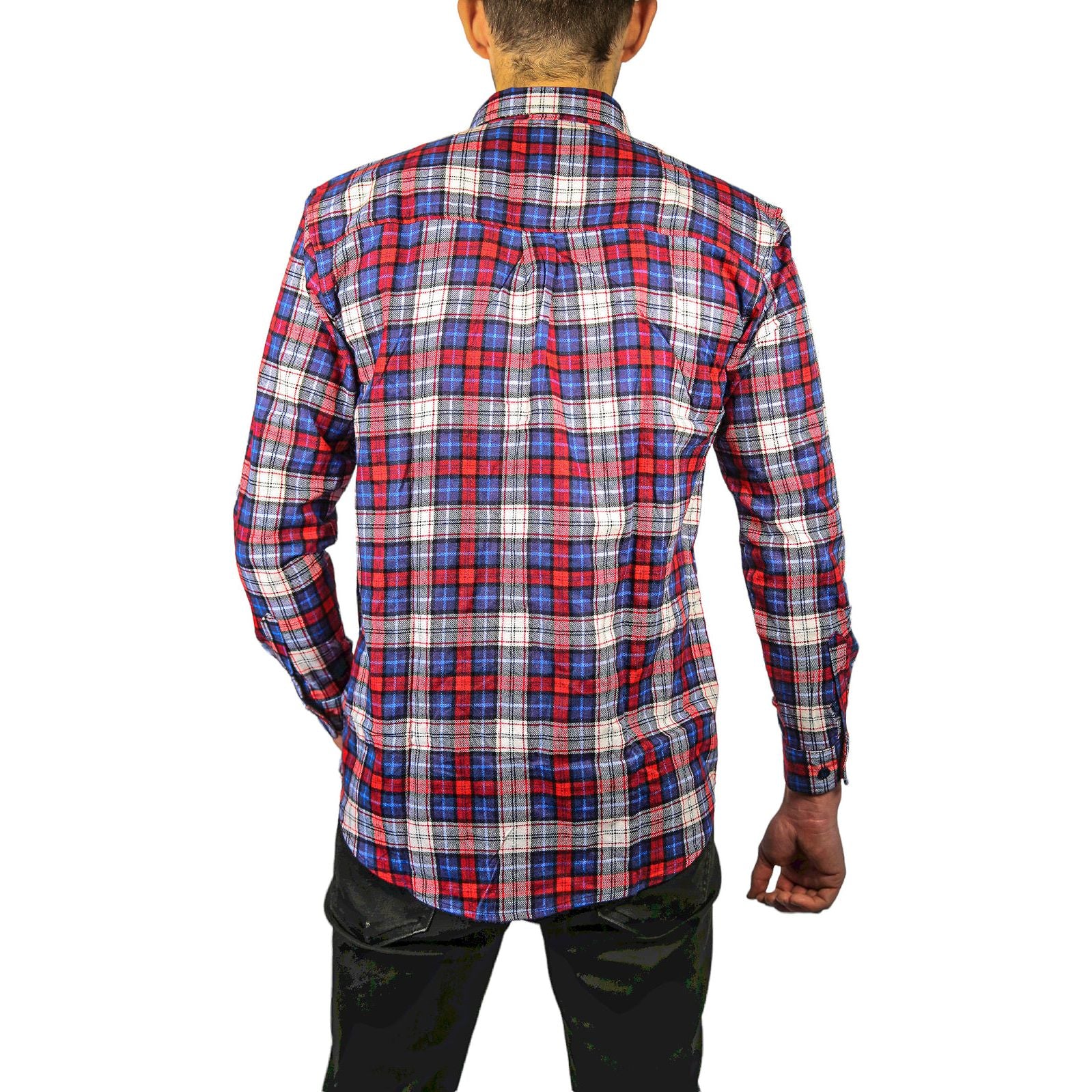Mens Flannelette Long Sleeve Shirt 100% Cotton Check Authentic Flannel - Full Placket - Navy/Red/White - L