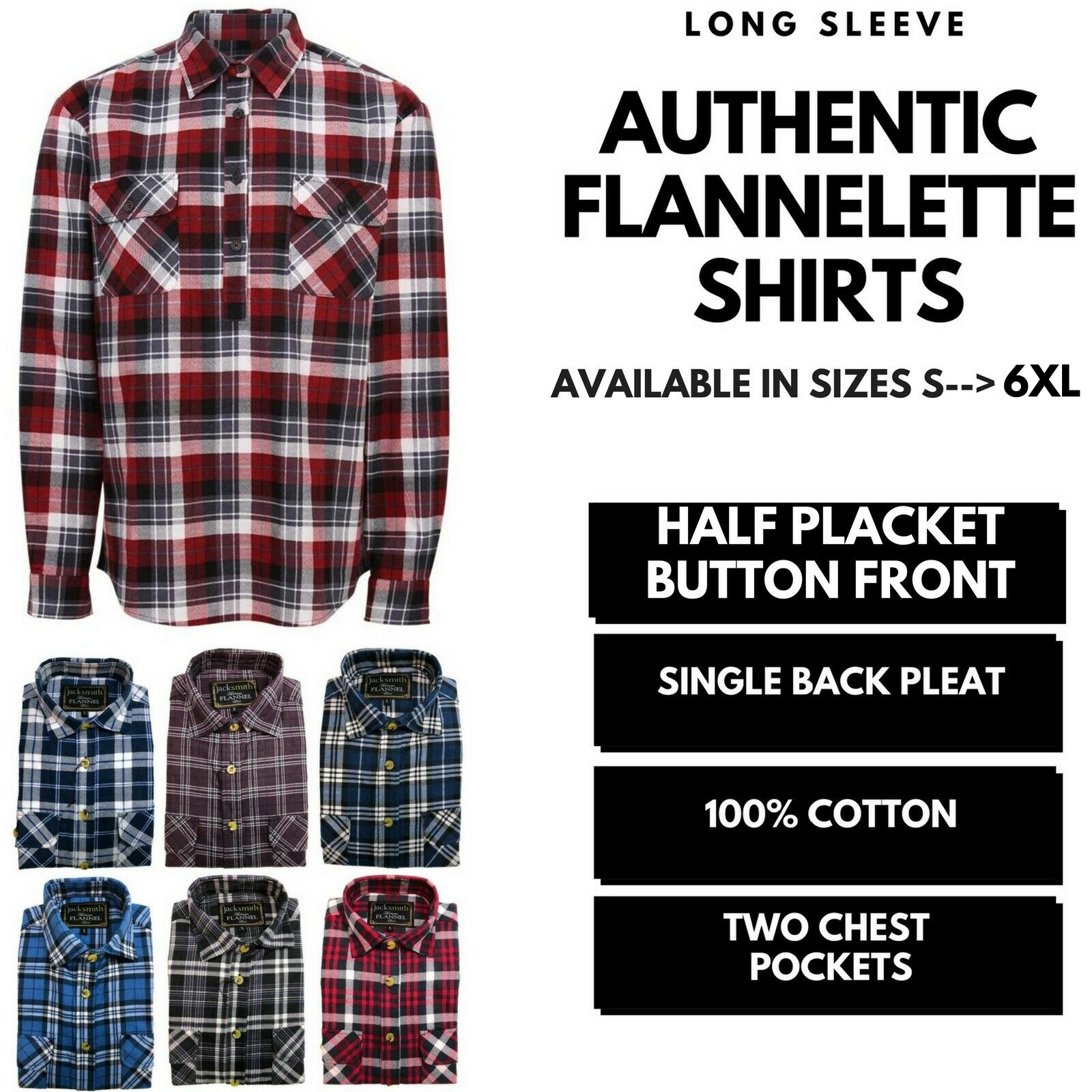 Mens Half Placket Flannelette Long Sleeve Pullover Shirt 100% Cotton Check Authentic Flannel - White/Blue Denim - S