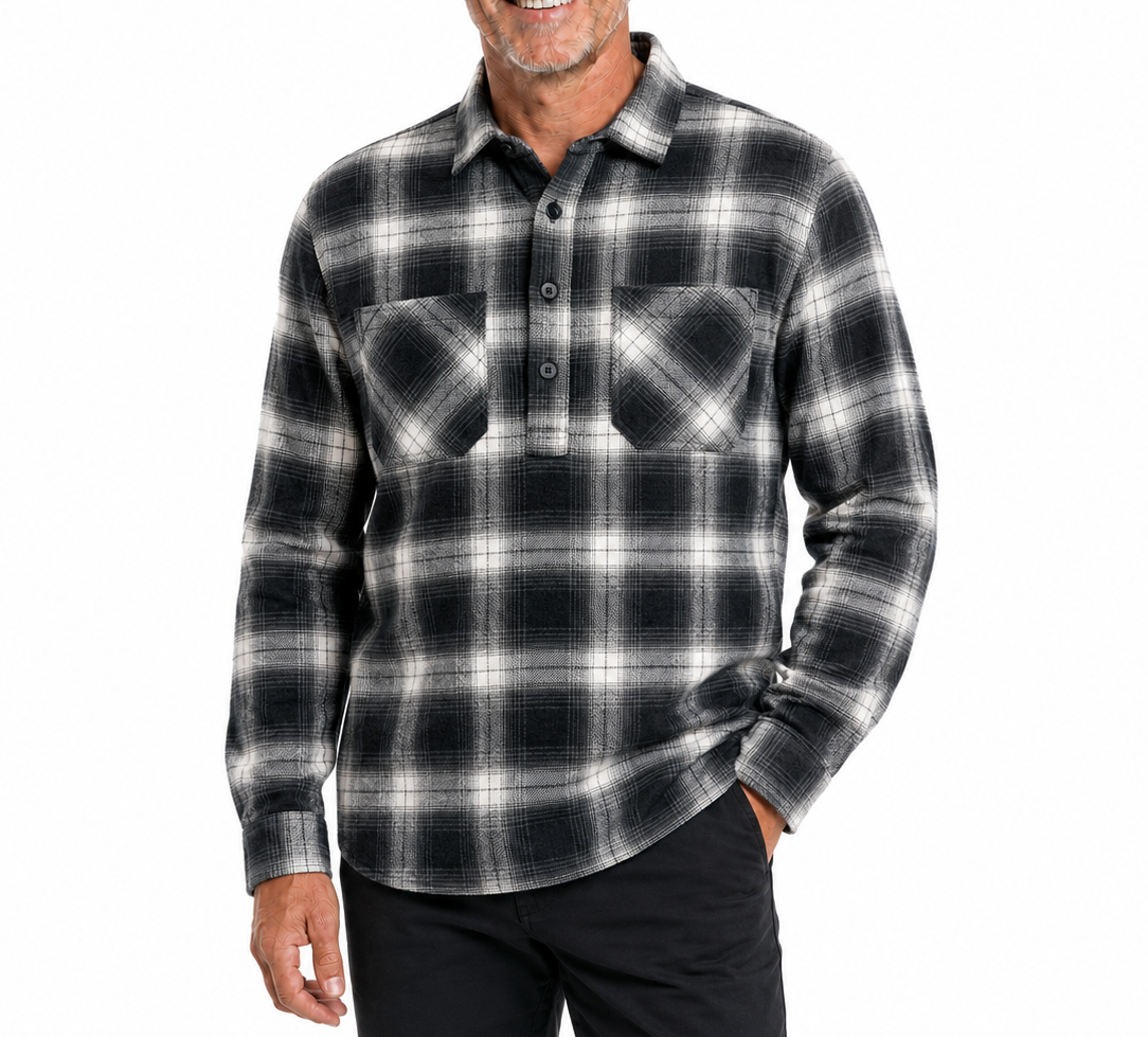 Mens Flannelette Long Sleeve Shirt 100% Cotton Authentic Flannel - Half Placket - Black