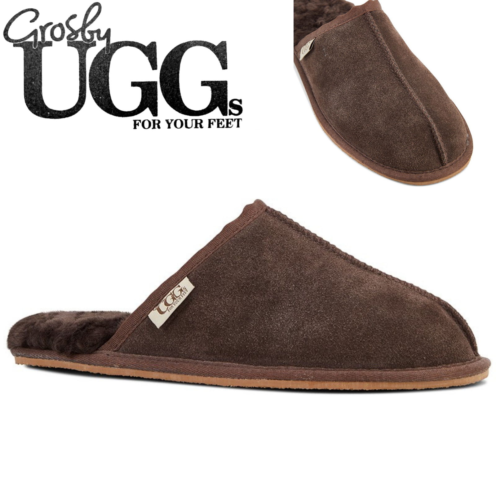 GROSBY Buck UGG Mens Sheepskin Slippers Scuff Slip On Leather Moccasins in Chocolate