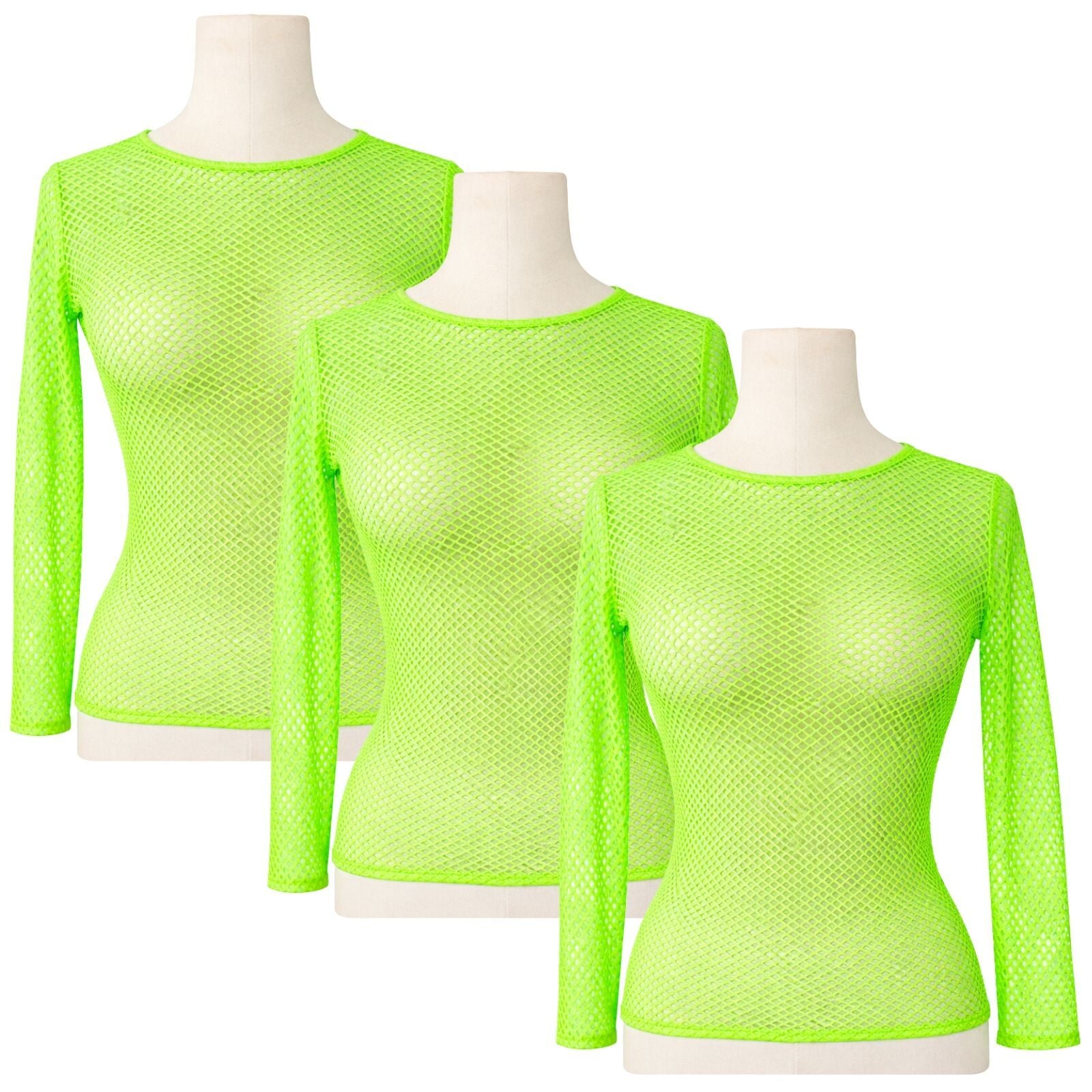3x Womens Fishnet Mesh Tops Long Sleeve Sheer Stretch See Through - Fluro Green