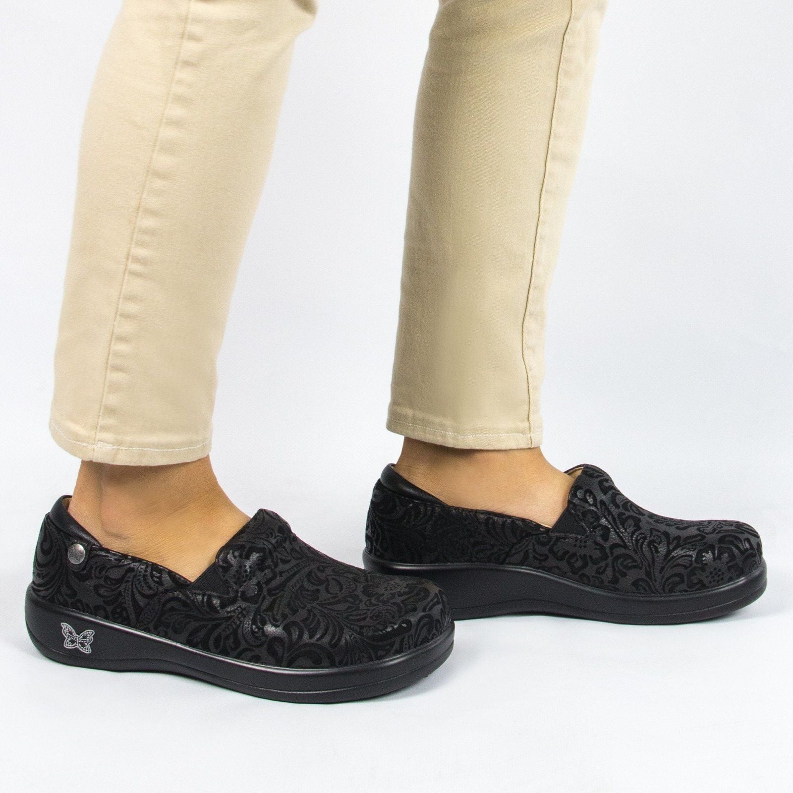 ALEGRIA Keli Nursing Shoes Slip On Womens Work Working Hospitality - Black Embossed Paisley