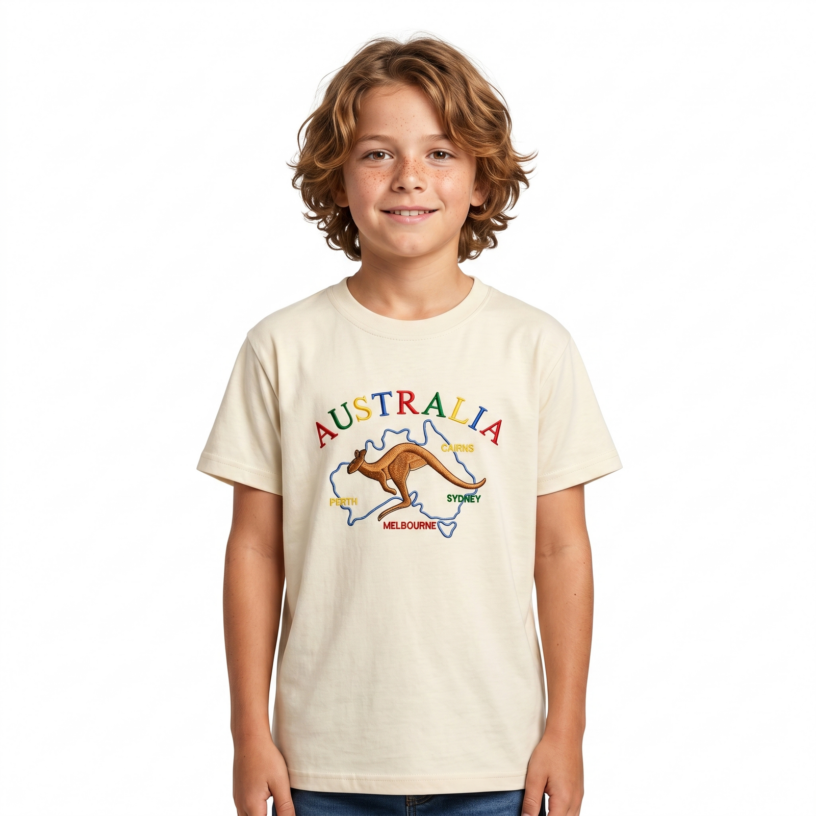 Kids Australia Kangaroo T Shirt Tee Childrens Child 100% Cotton Top - Beige