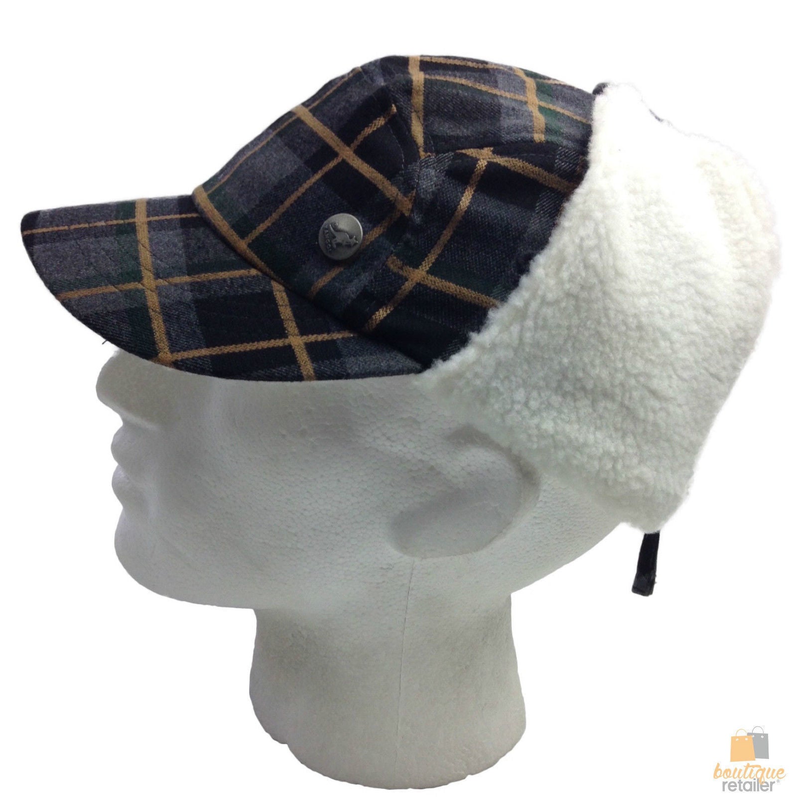KANGOL Plaid Supre Ushanka Sherpa Chullo Lined Hat Warm Winter Ear Trapper Flying - Grey/Black - L/XL