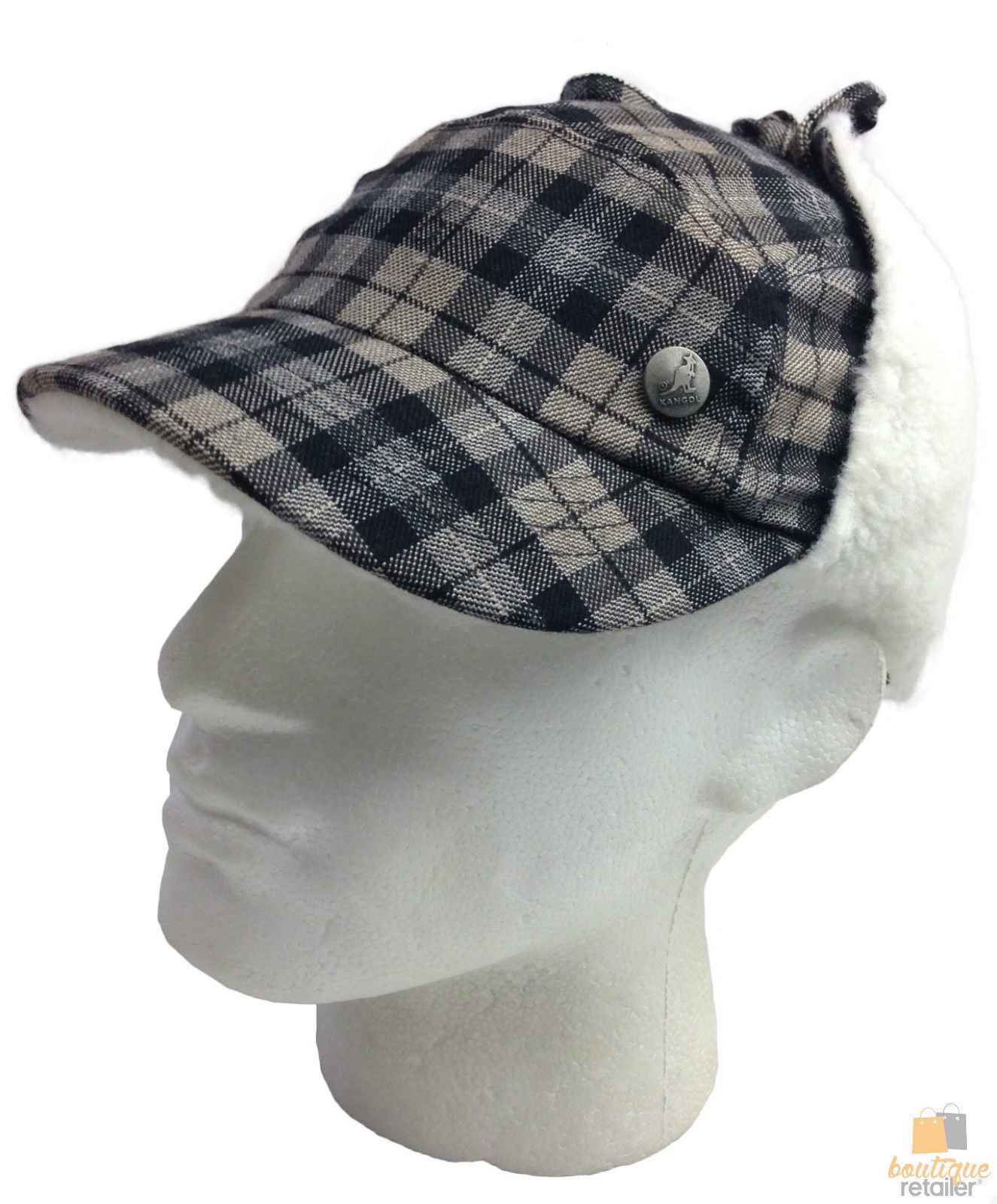 KANGOL Plaid Supre Ushanka Sherpa Chullo Lined Hat Warm Winter Ear Trapper Flying - Black/Grey - S/M