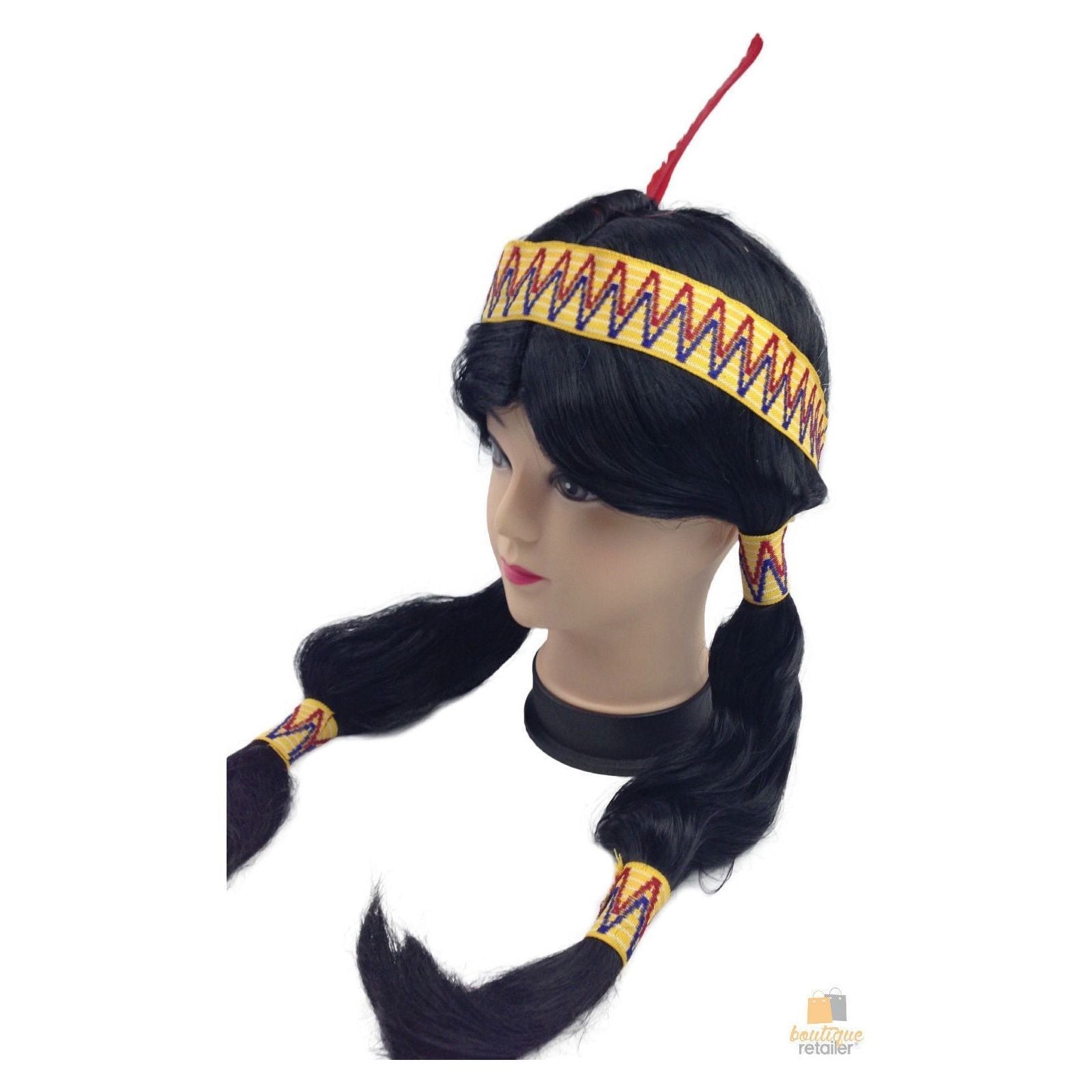 Womens Native American Wig w/ Red Feather Pigtail Indian Party Costume Hair