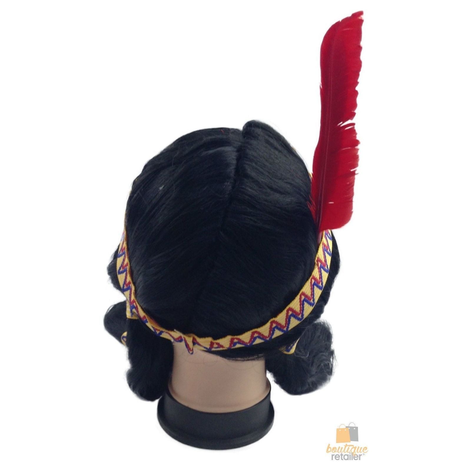Womens Native American Wig w/ Red Feather Pigtail Indian Party Costume Hair