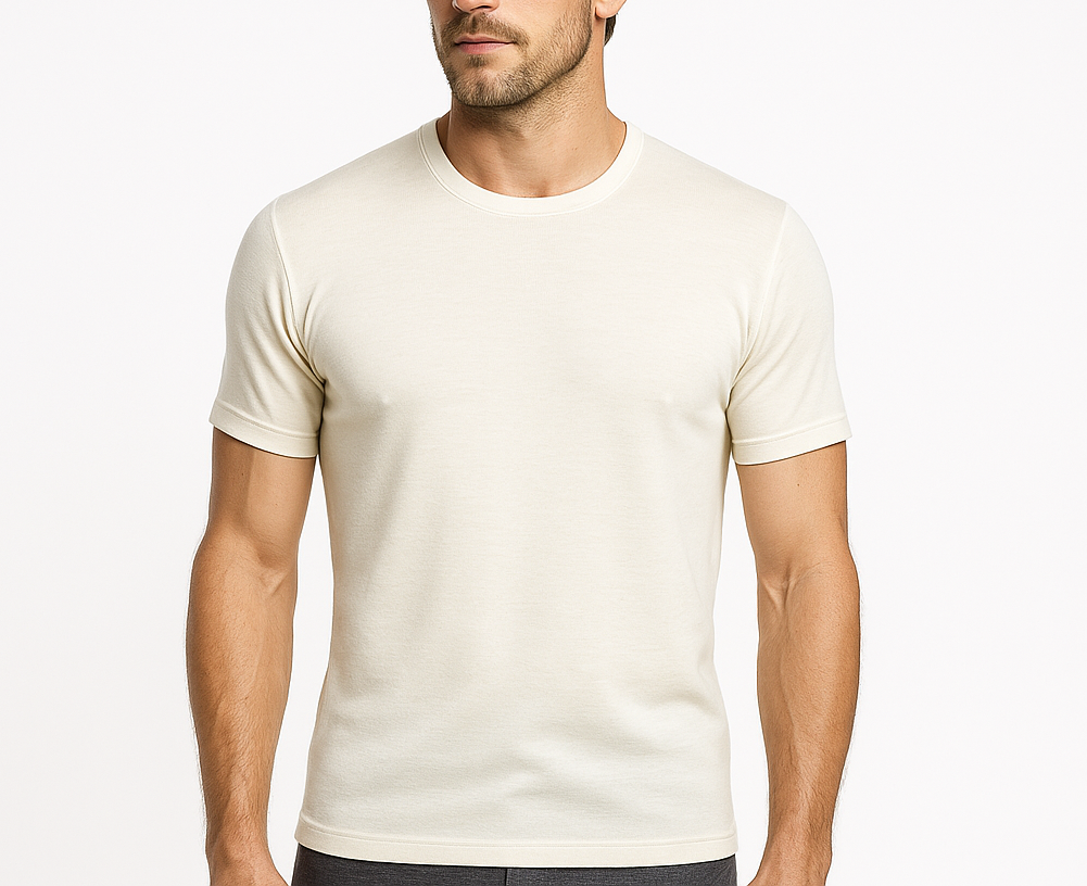 Mens 100% Pure Merino Wool Crew Neck Short Sleeve Top T Shirt Thermal Underwear - Natural