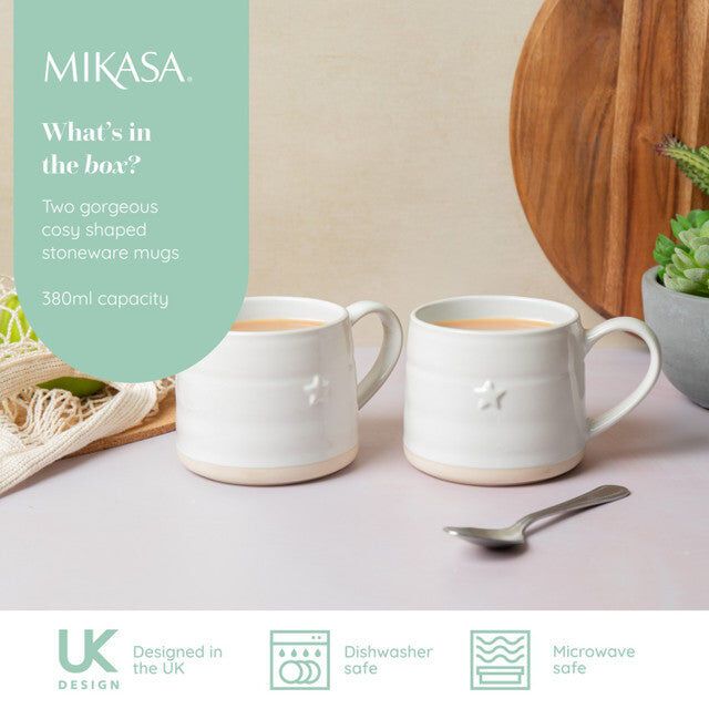 Mikasa Farmhouse Star Stoneware Mugs 380ml Set of 2 - White Cream
